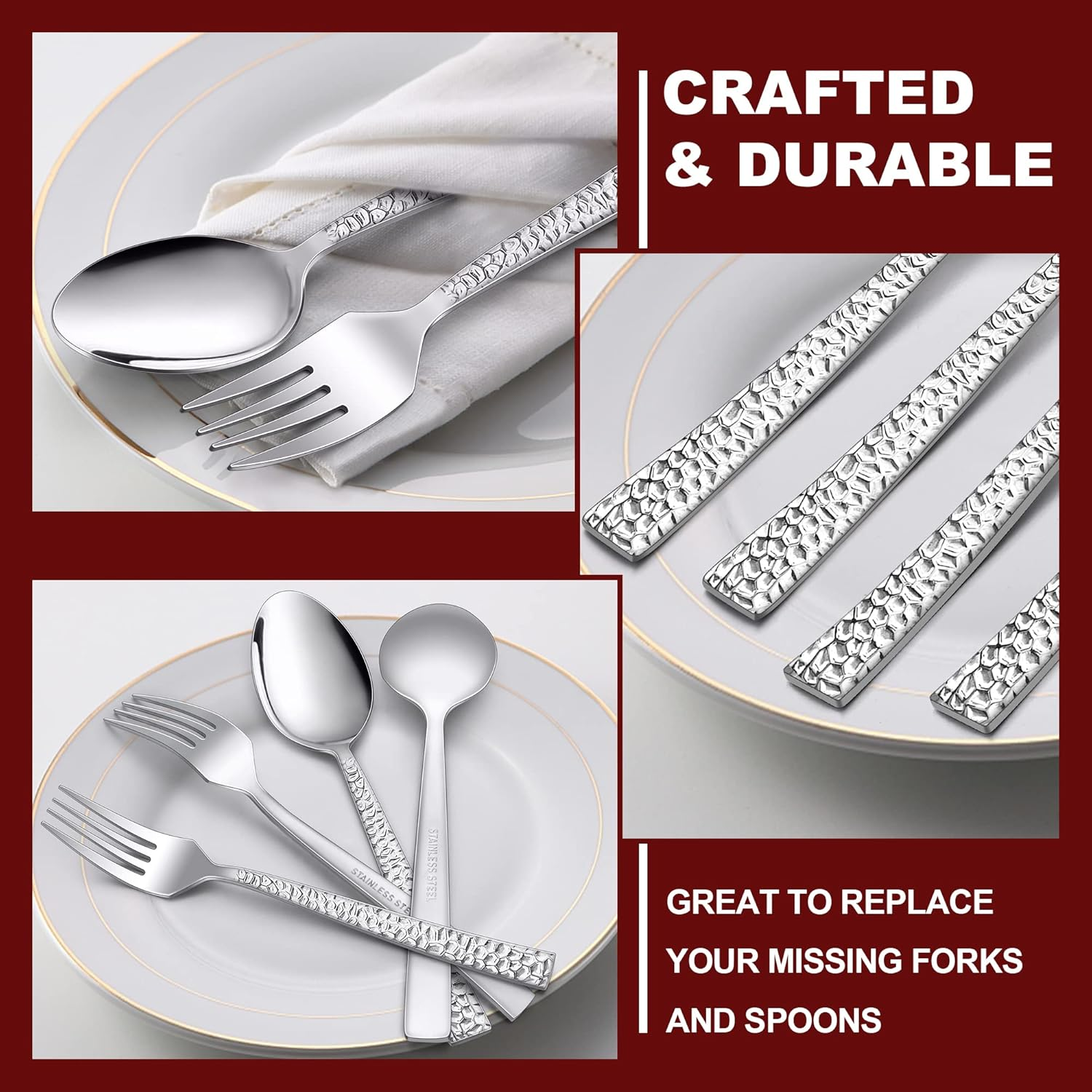 16-Piece Hammered Forks and Spoons Silverware Set, E-Far Stainless Steel Square 8 Dinner Forks and 8 Dinner Spoons, Modern Metal Flatware Cutlery for Kitchen and Restaurant, Dishwasher Safe-7.9 Inch image number 5