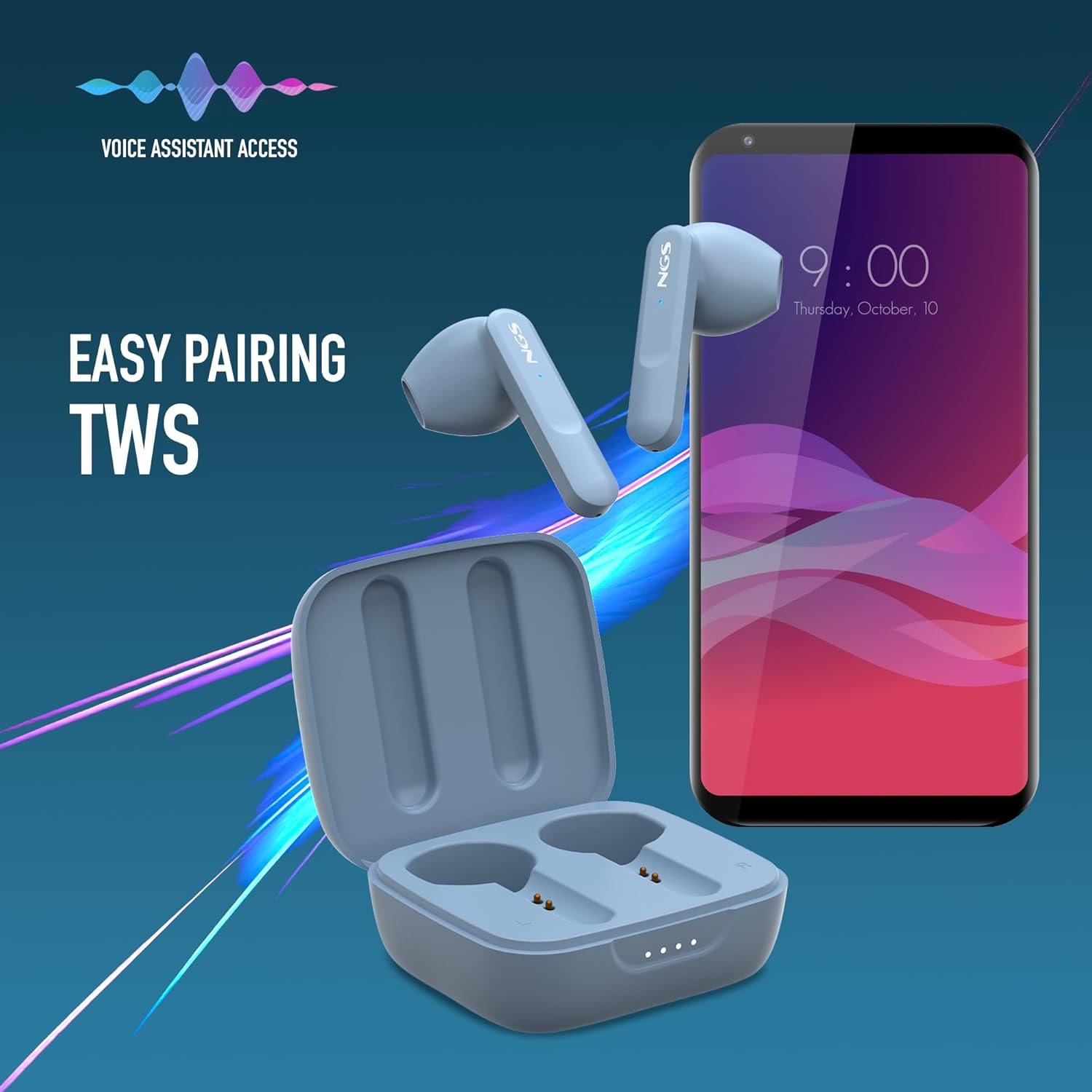 NGS ARTICA Move Rain Wireless Headset, Compatible with Bluetooth 5.3 Technology and TWS. 28-Hour Battery, Touch Control, ENC Technology, Blue image number 2