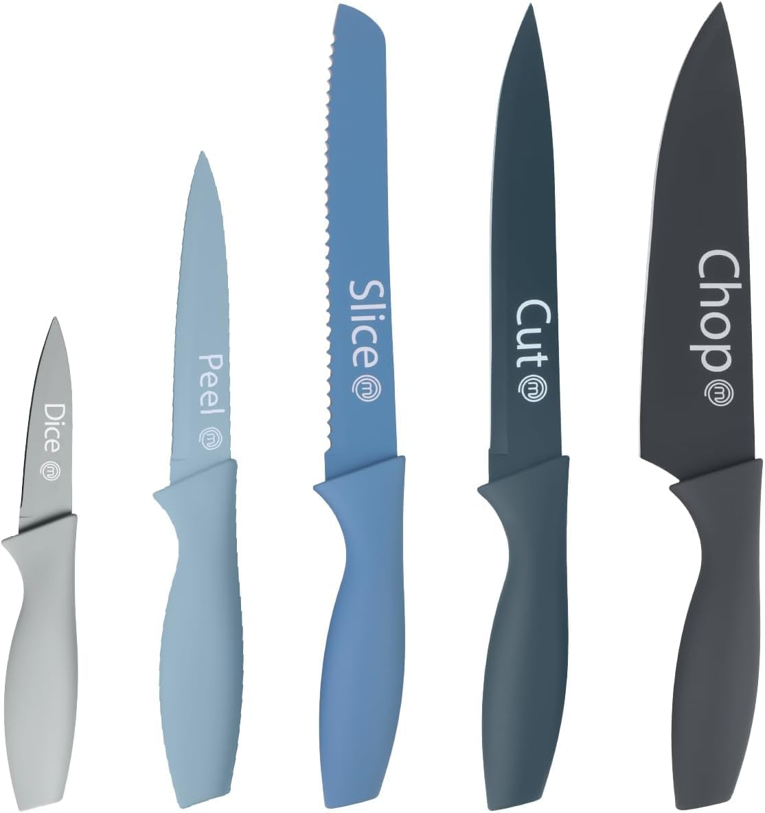 Masterchef Kitchen Knives, Chef Knife Set (Meat, Breadsaw, Vegetables and Fish), Stainless Steel Collection with Soft Touch Handles, Multifunctional, 5 Pieces, Black, Captions