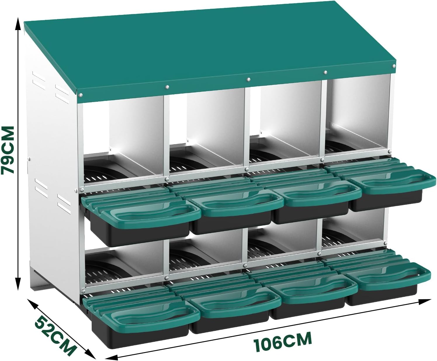 Chicken Nesting Box with 8 Compartments, 106 X 52 X 79 Cm, Green, Removable Trays image number 5