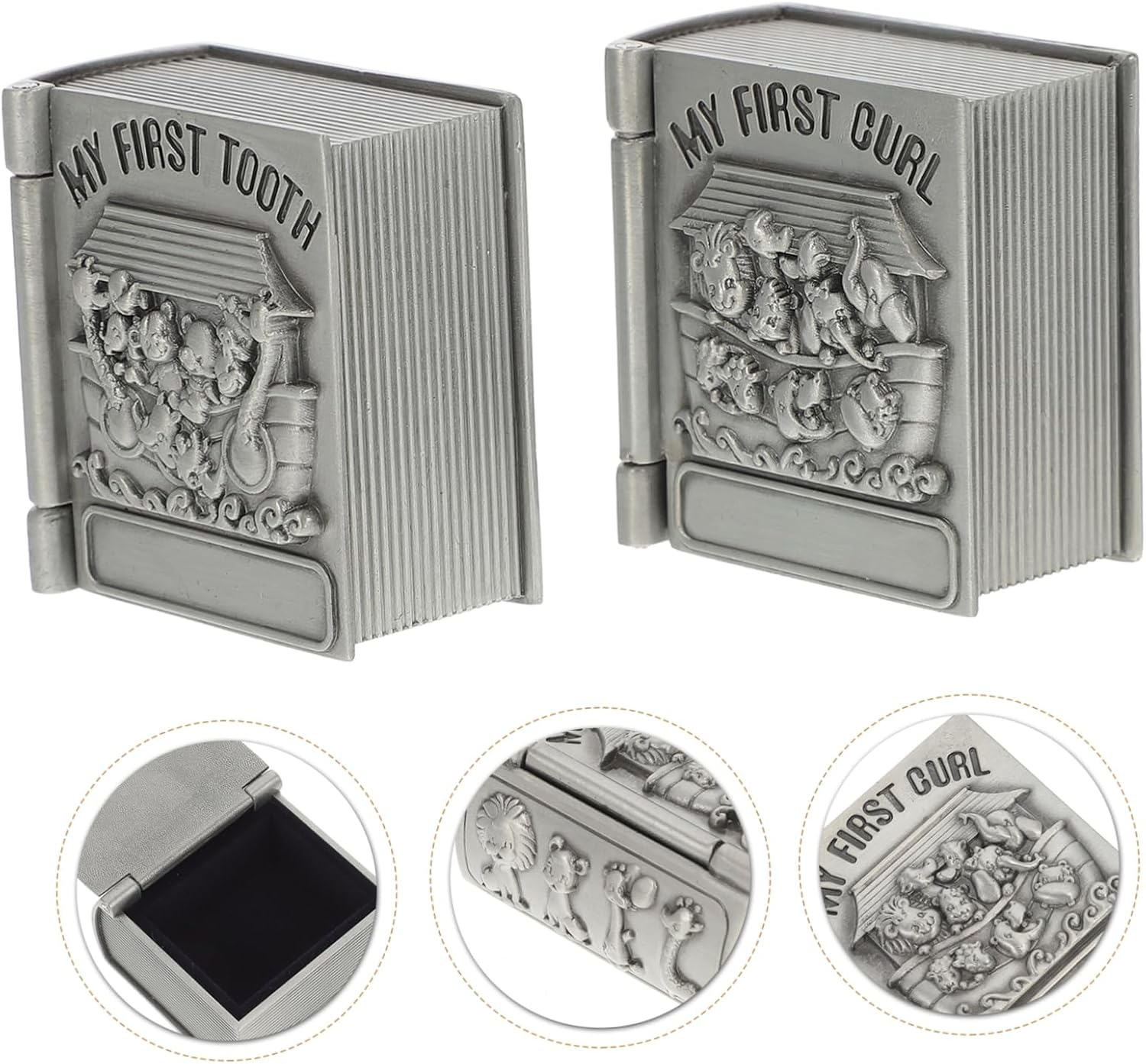 Baby First Tooth and Curl Storage Box for Kids, Metal Keepsake Organizer Vintage Silver Design, 2 Pcs Set for Preserving Baby Teeth and Hair image number 2