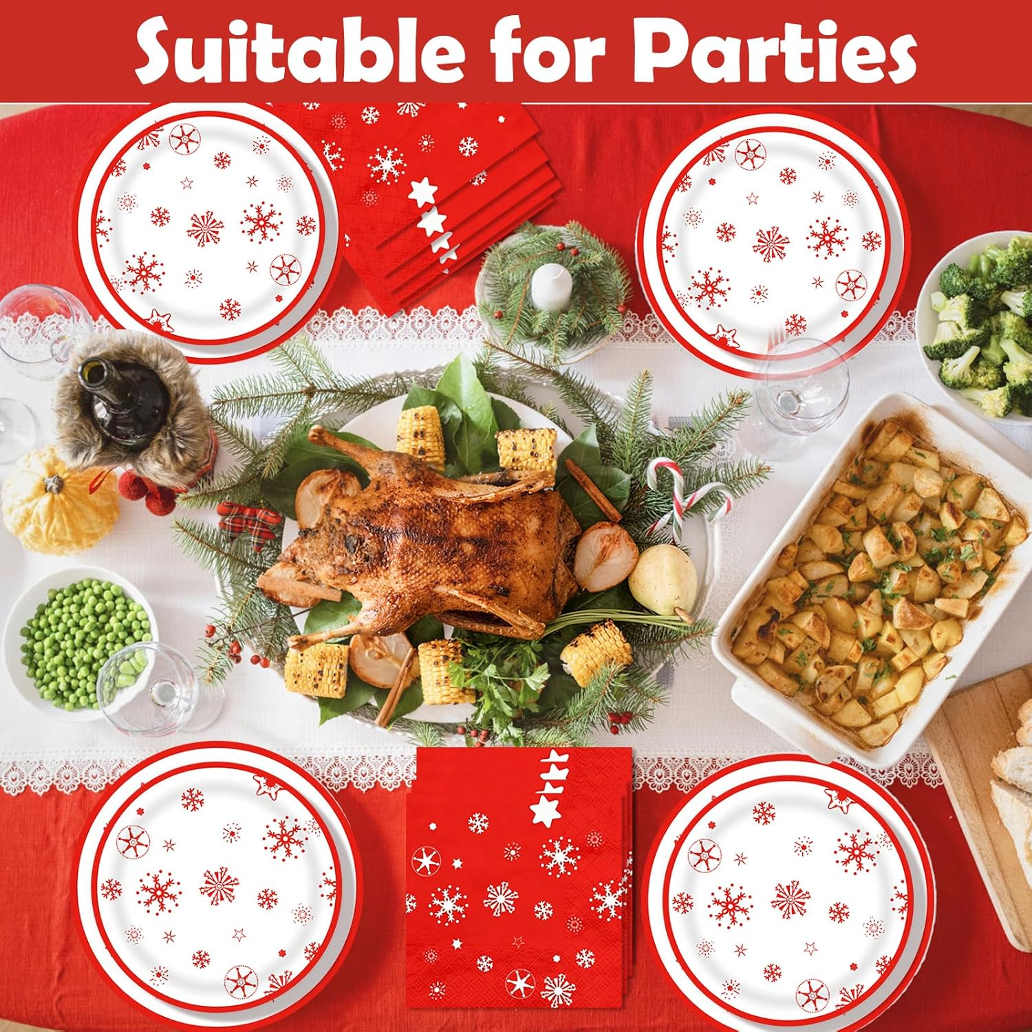 64 Pcs Christmas Tableware Christmas Party Decorations Winter Holiday Plates and Napkins Xmas Disposable Dinnerware Tableware Set for Xmas Party Supplies Serve 16