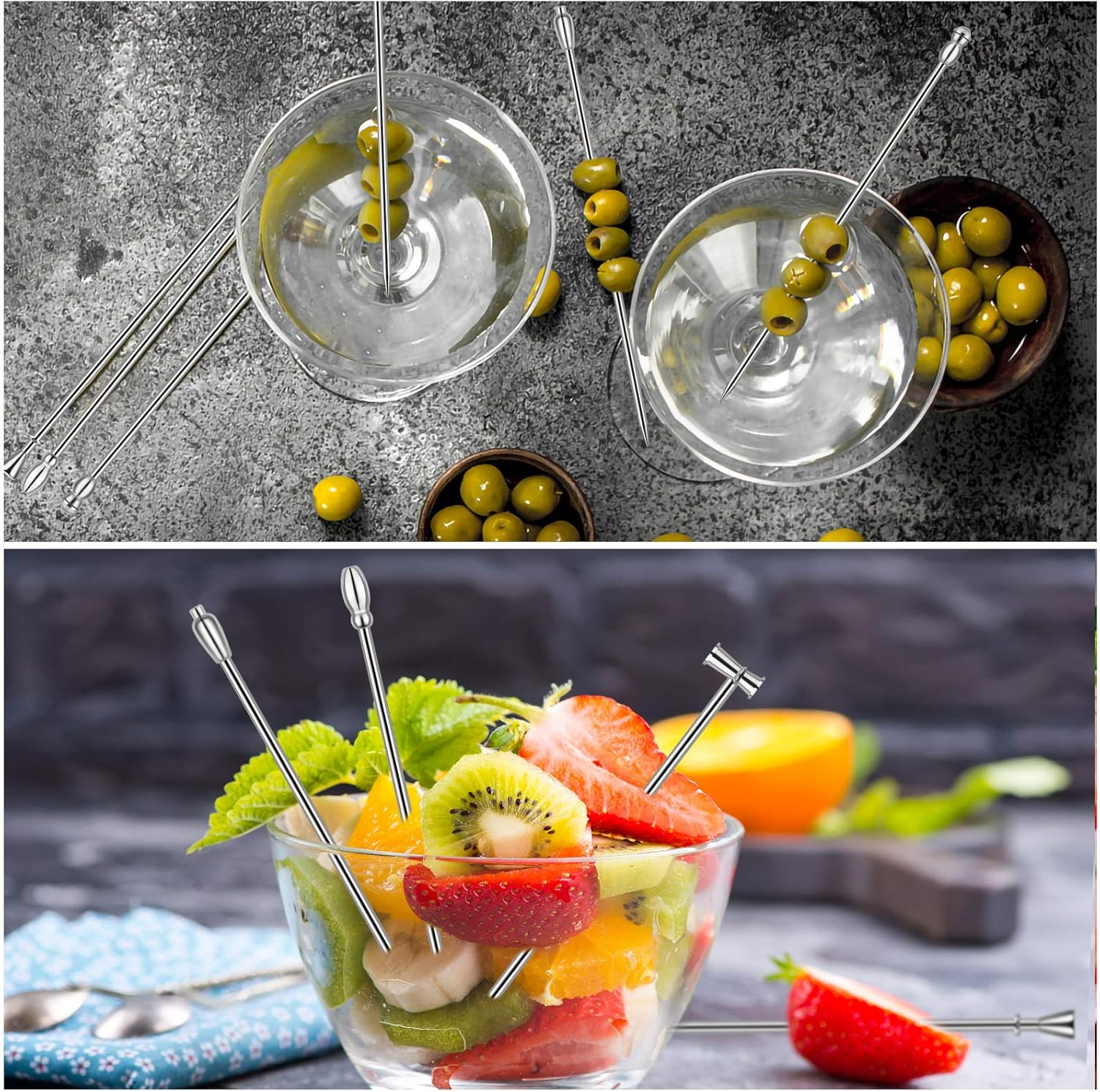 Cocktail Picks Stick 40Pcs Toothpicks Stainless Steel Reusable Martini Olive for Bar Barbecue Fruit Bloody Mary Drink image number 4