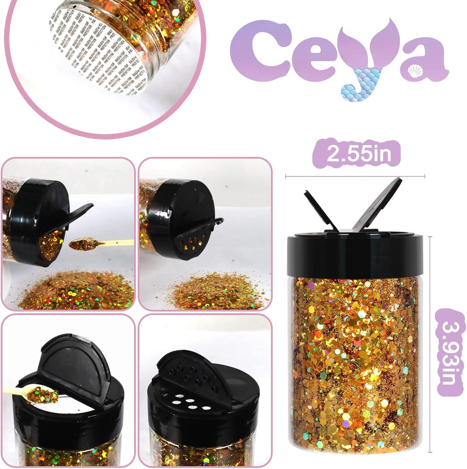 Ceya Holographic Chunky Glitter, 4.9Oz/ 140G Gold Craft Glitter Powder Mixed Chunky & Fine Flakes Iridescent Nail Sequins for Nail Art, Hair, Epoxy Resin, Tumblers, Slime, Painting, Festival Decor - Gold image number 3