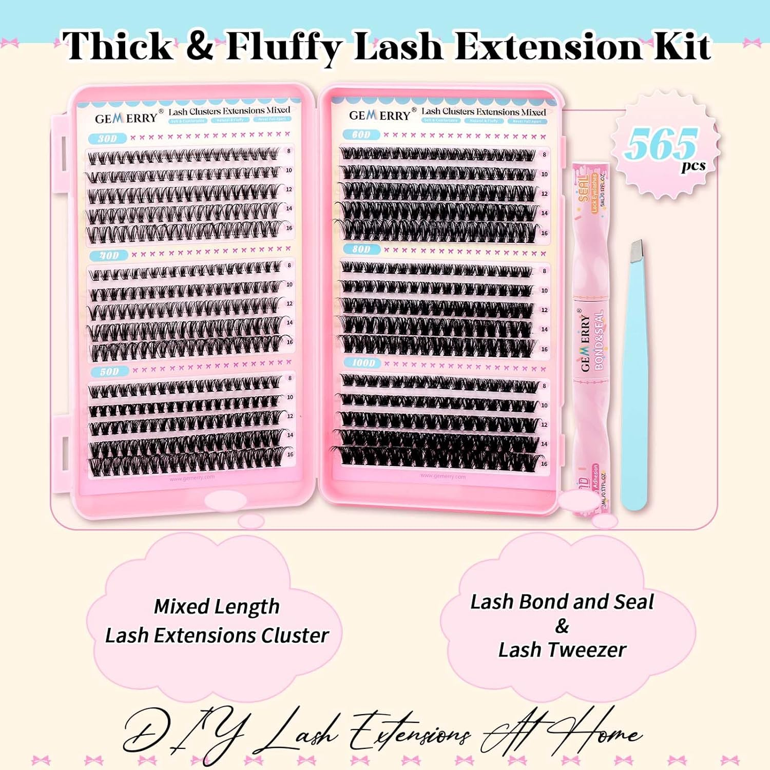 GEMERRY False Eyelashes Individual 30D+40D+50D+60D+80D+100D Eyelash Extension Bouquet Volume Russian Bond and Seal Applicator Clamps D Curl 8-16Mm Individual Lashes Kit image number 4