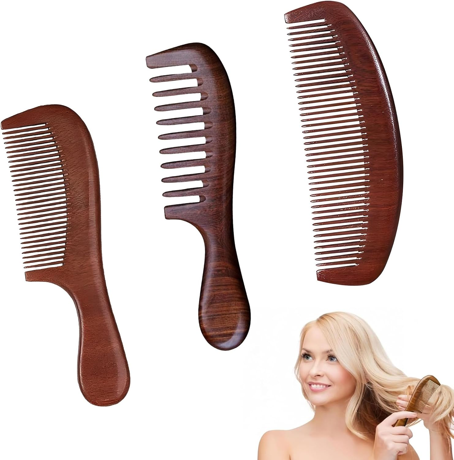 CHEUNGHAO 3 Pcs Walnut Wood Hair Comb Set, Anti-Static Wooden Combs for Women, Wide & Fine Tooth Hair Comb for Scalp Massage & Curly Hair Care image number 6
