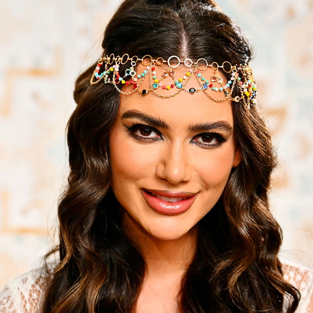 Fashband Boho Head Chain Gold Tassel Headpiece Tassel Beads Bridal Wedding Hair Accessories for Women image number 1