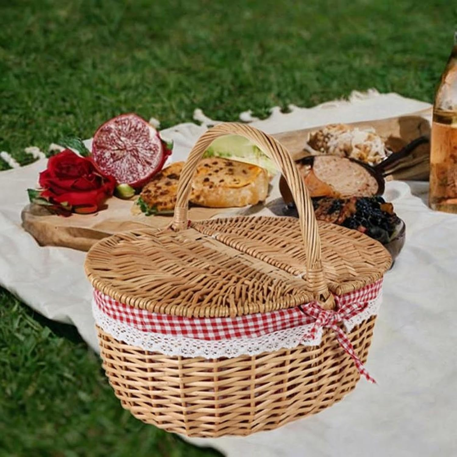 Wicker Picnic Basket, Rattan Storage, Serving Basket with Lid and Handle, Wicker, Woven Basket for Park Parties, Red White, Small