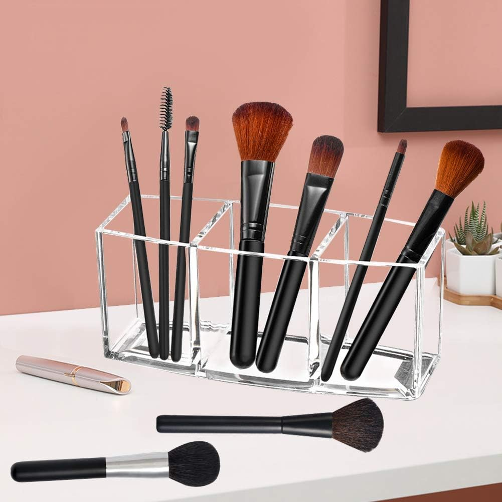 Geiwogwc Clear Acrylic Makeup Brush Holder Organizer, 3-Slot Brush & Cosmetic Storage Case, Display Stand for Eyeliners, Eyebrow Pencils, Lipsticks &ndash; Space-Saving Desktop Organizer image number 3