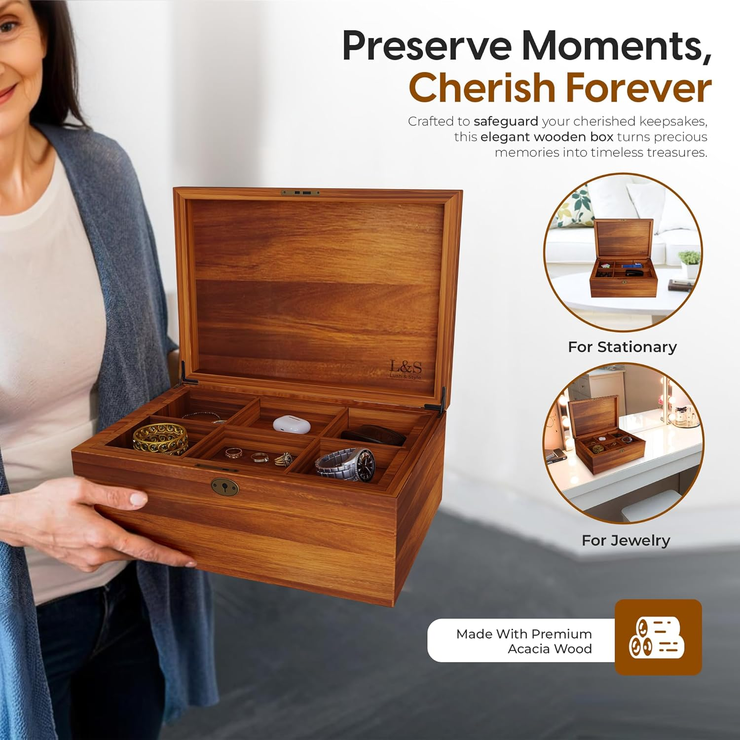 LUSH & STYLE Acacia Wood Box, Keepsake with Hinged Lid and Locking Key, Decorative, Memory Treasure, Wooden Storage Box, Wooden Gift Box (Divider Model)