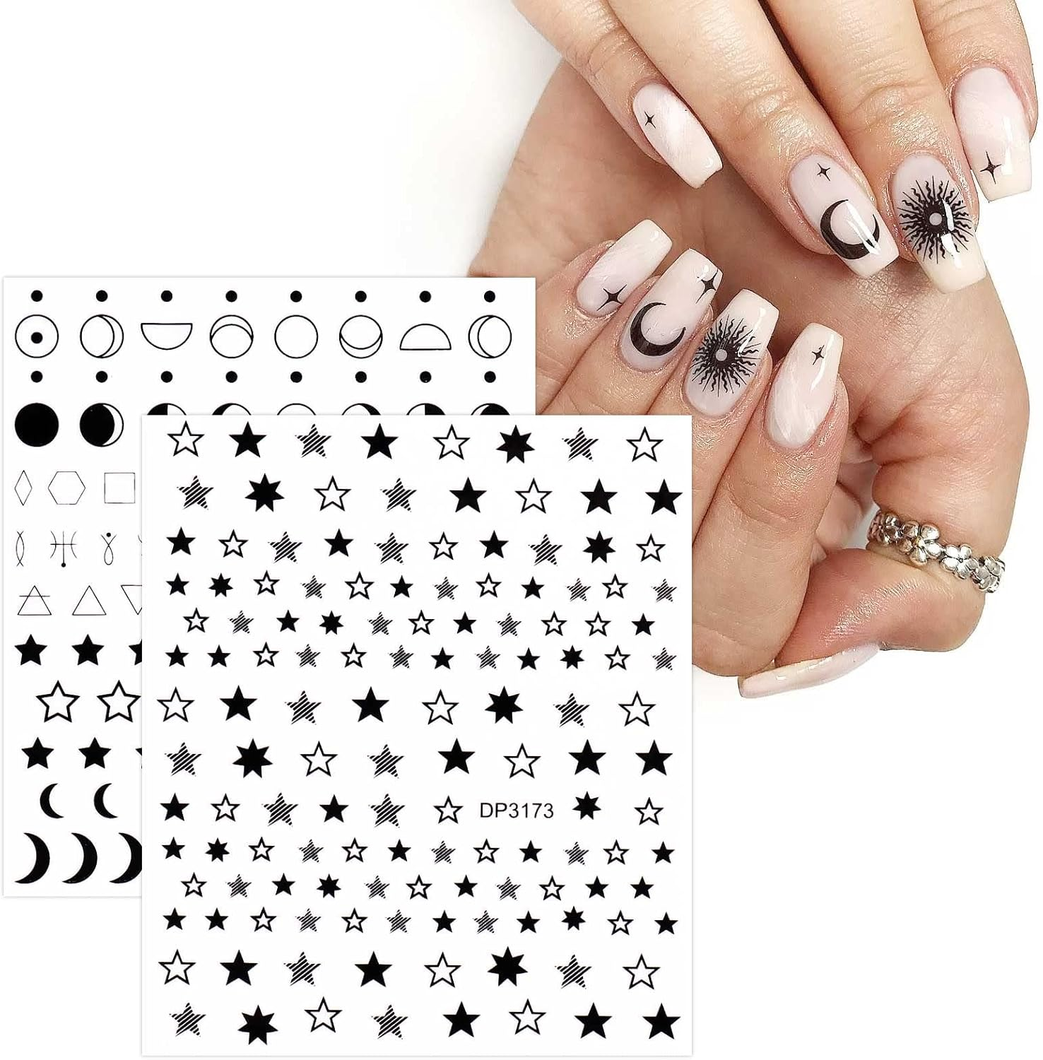 12 Sheets Black Metallic Geometric Line Nail Art Stickers Decals Self Adhesive Pegatinas Para U&ntilde;as Star Moon Love Heart Smiley Patterns DIY Design Nail Decoration for Women Girls - Black,Gold image number 6