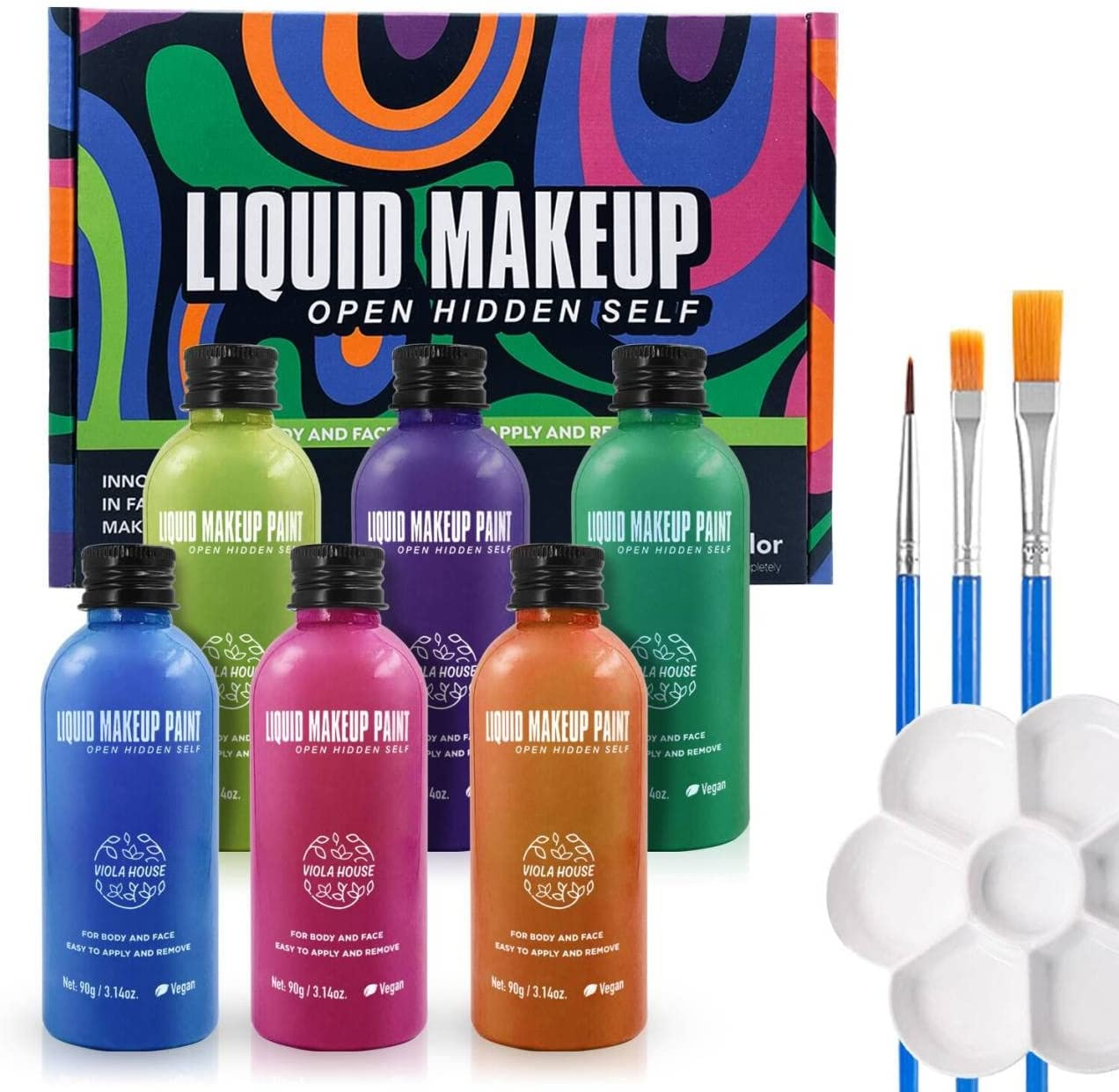 VIOLA HOUSE 6Pcs Face & Body Paints Set with 2Pcs Body Painting Brushes, Liquid Body Paints Kit Party Theater Makeup Professional Body Paint Christmas Thanksgiving Birthday Gift