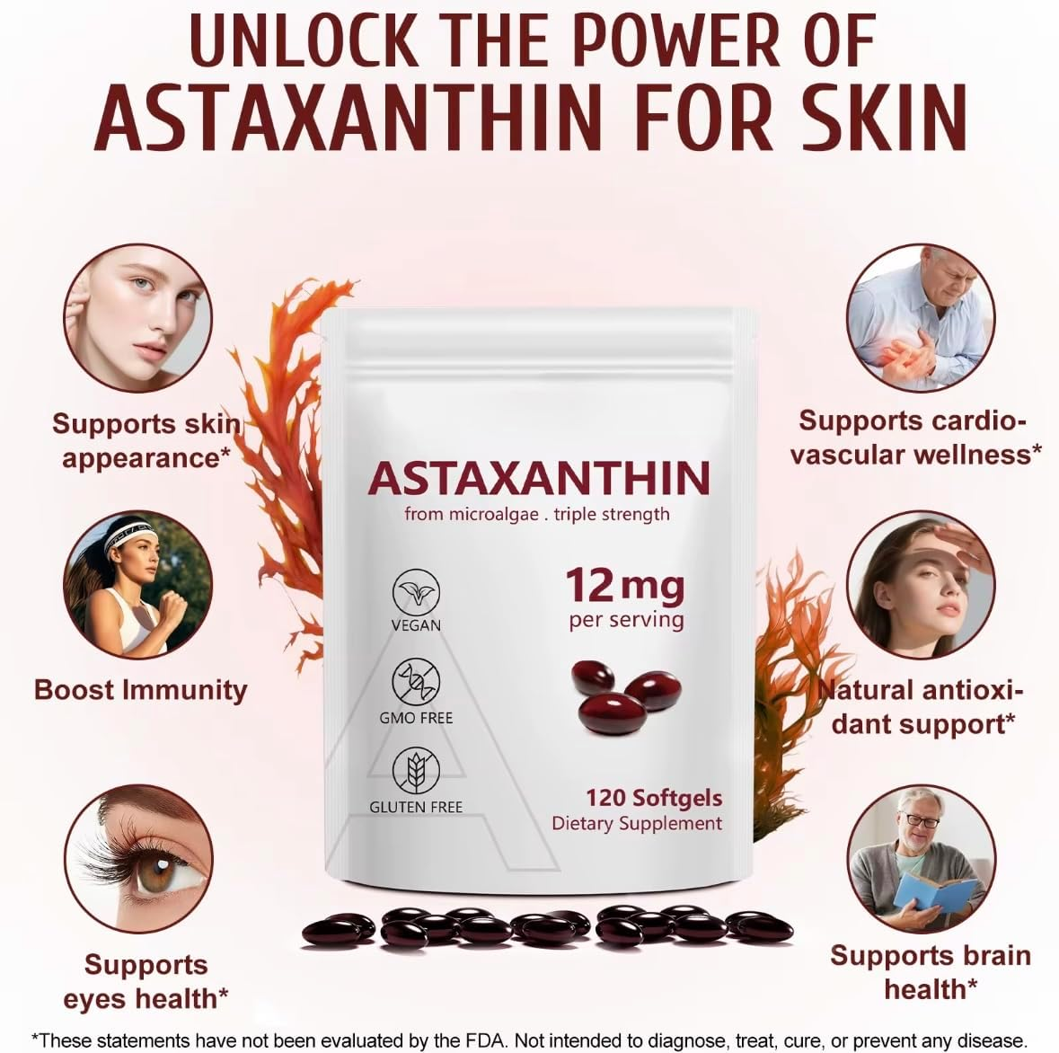 Astaxanthin 12 Mg Softgels &ndash; High-Strength Antioxidant from Microalgae (Haematococcus Pluvialis) &ndash; Vegan, Non-Gmo, Gluten-Free Formula &ndash; 120 Softgels Dietary Supplement image number 2