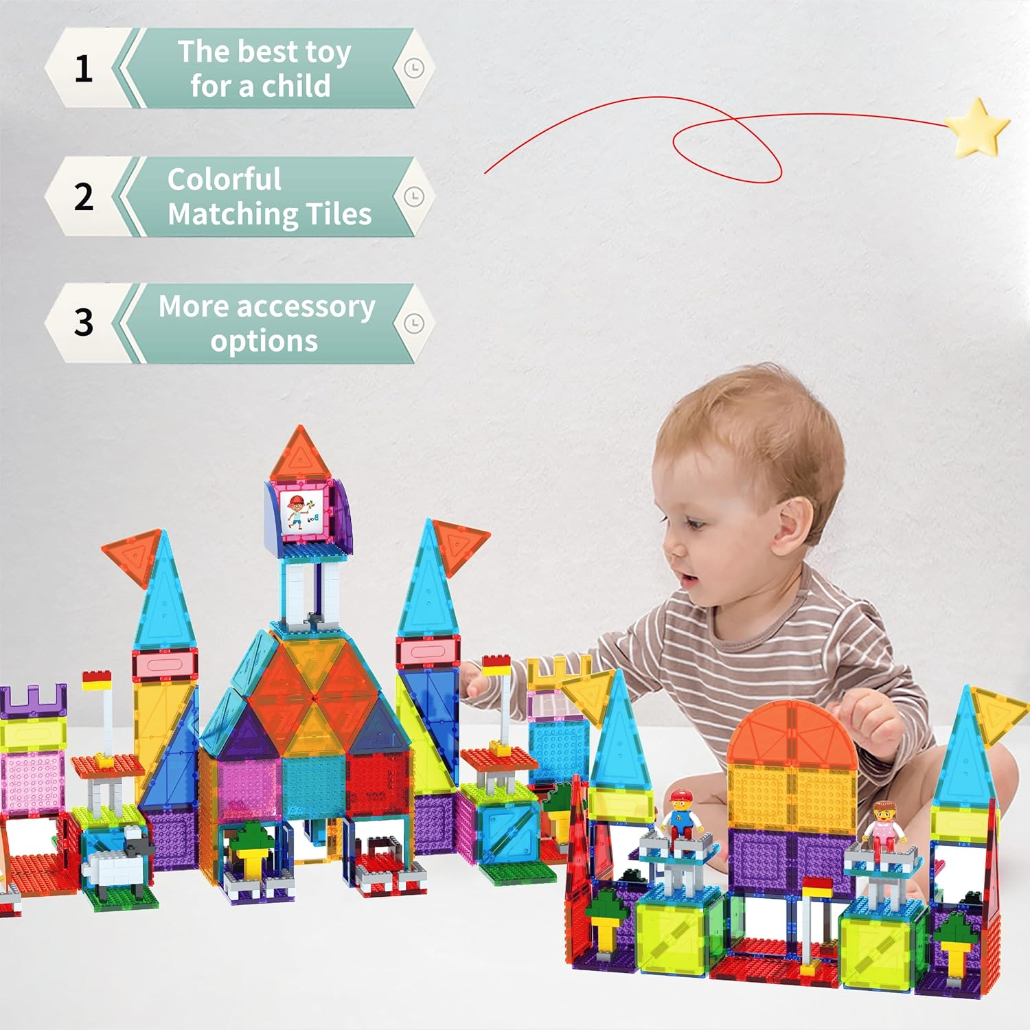 Picassotiles 353Pcsmagnetic Brick Tile and Magnetic Tile Combo Set, Action Figures Included, Building Blocks STEM Toys, Educational Montessori Preschool Toddler Classroom Learning Toys, Kids Activity image number 3