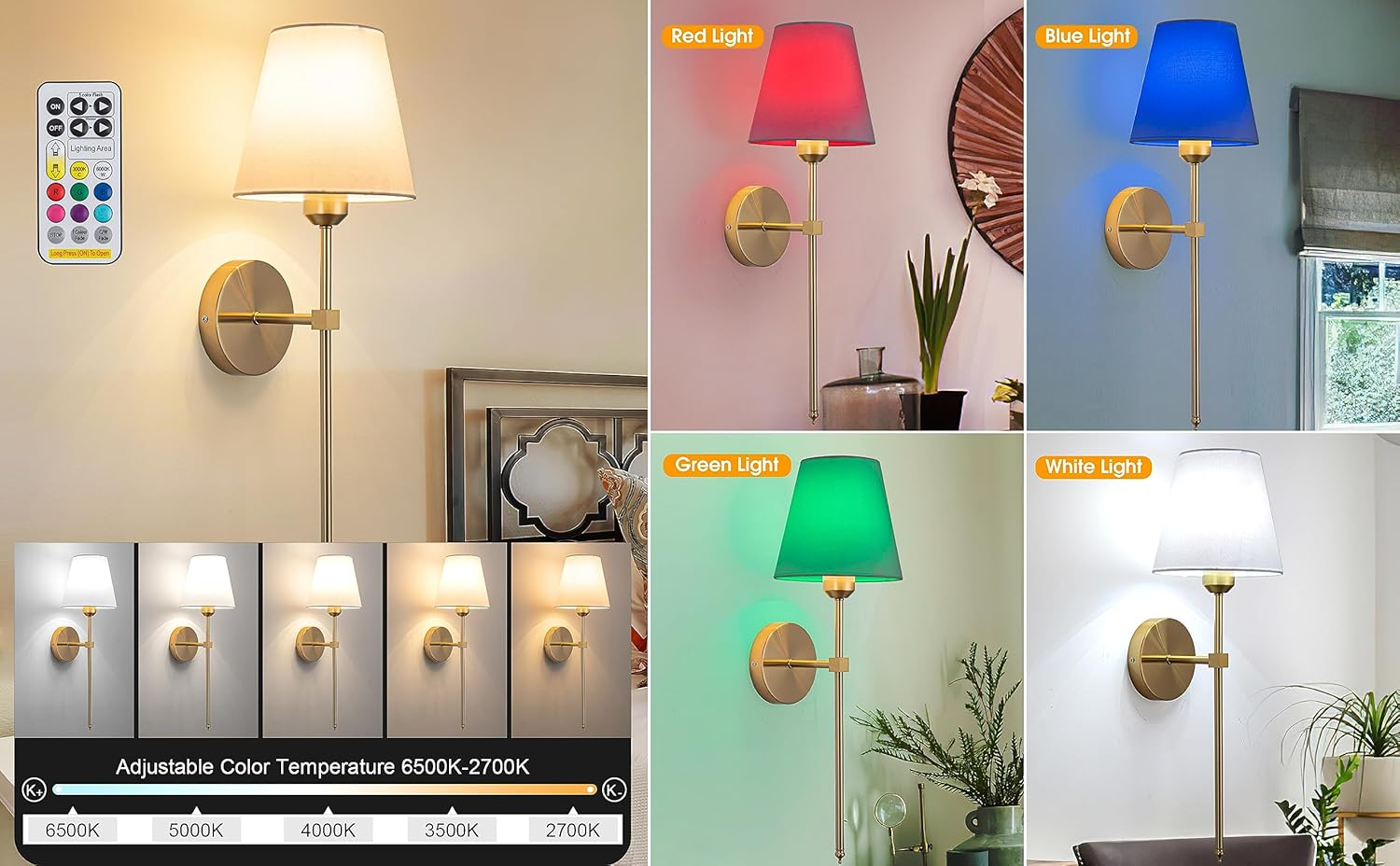 Wall Sconces Lights, No Wiring Required for Installation Sconces,Remote Control, Dimmable, Farmhouse Lamp, Battery Operated for Bedroom Mirror Living Room (Color : Gold), Set of 2 - Black image number 2