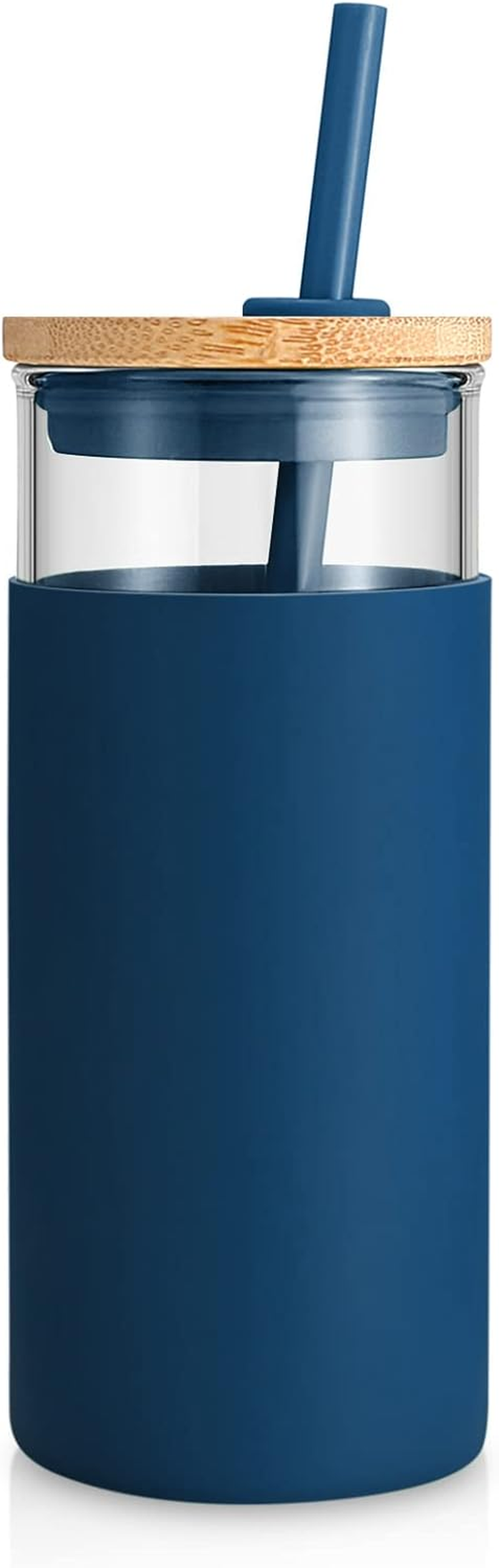 Tronco 20 Oz Glass Tumbler with Lids and Straws, Glass Water Bottle Silicone Protective Sleeve, Iced Coffee Cup with Bamboo Lid, Reusable Smoothie Cup, BPA Free (Blue Horizon 1 Count)