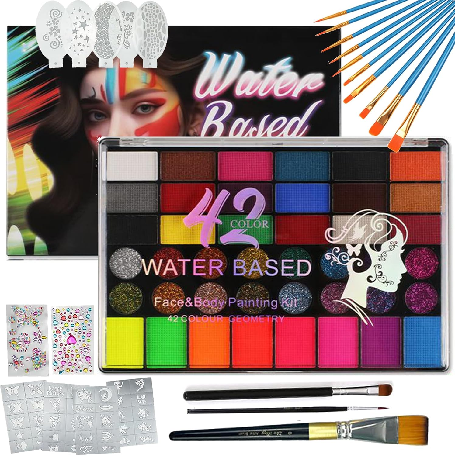 Face Painting Kit-26 Colors Body Face Paints Palette with 10 Professional Artist Brush and Stencils,Non Toxic Facepaint for Kids Adult for Halloween Cosplay Christmas Party SFX Arty Stage Makeup