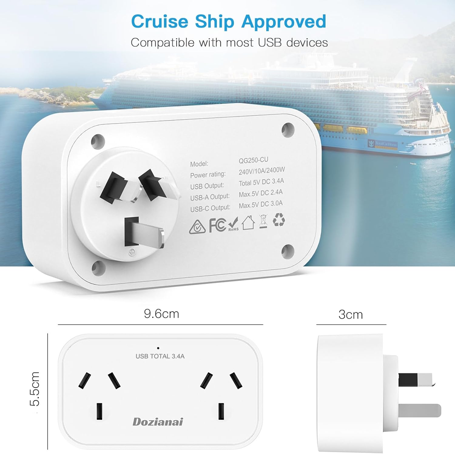 Power Board with 4 USB Ports (2 USB-C), No Cord Extension Cord, Travel Adapter, Double Adapter, USB Wall Plug, Outlet Extender for Home, Office, Cruise & Travel Essentials image number 6