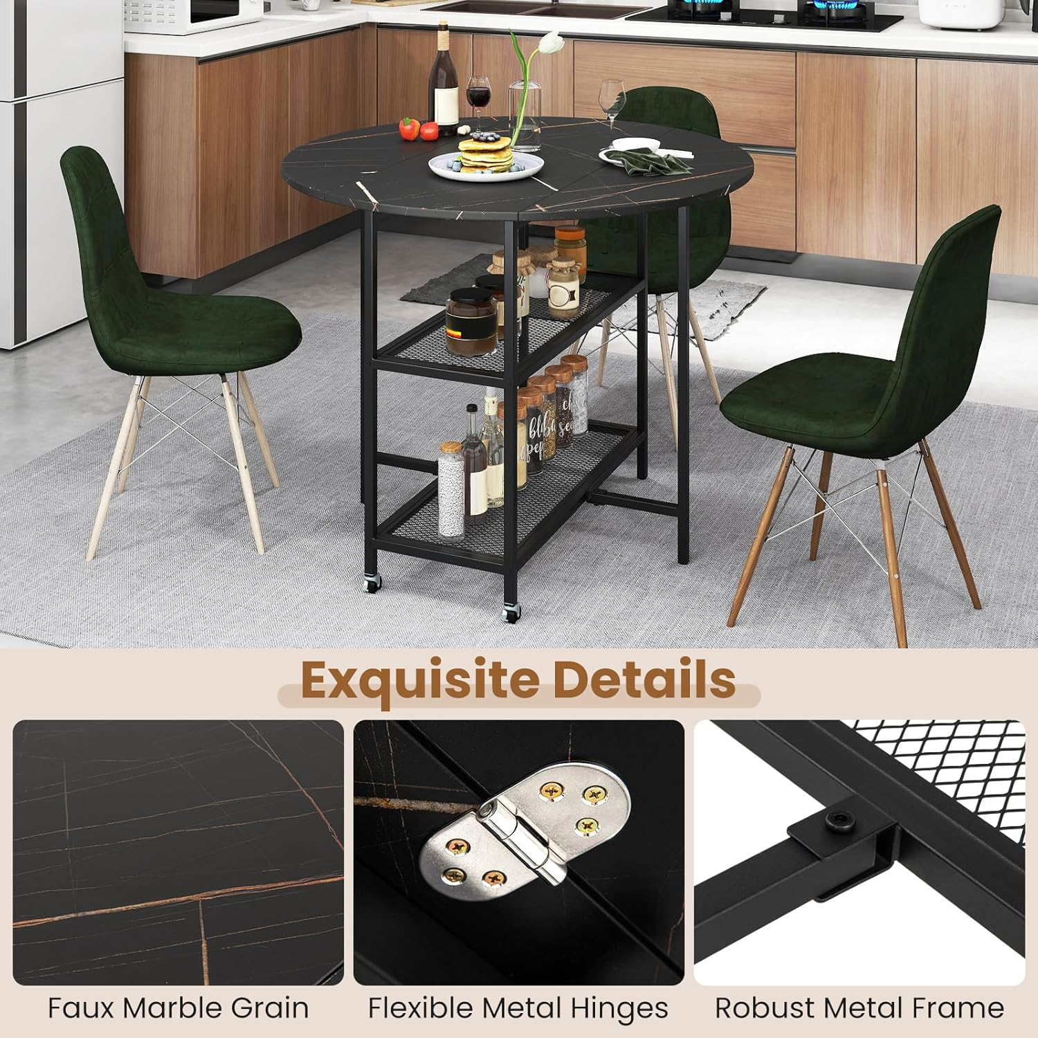 Giantex Mobile Folding Dining Table Seats 2-4 People, round Drop Leaf Kitchen Table W/ 2 Storage Shelves, Space-Saving Extendable Diner Table for Dining Room Living Room Apartment (Black) image number 6