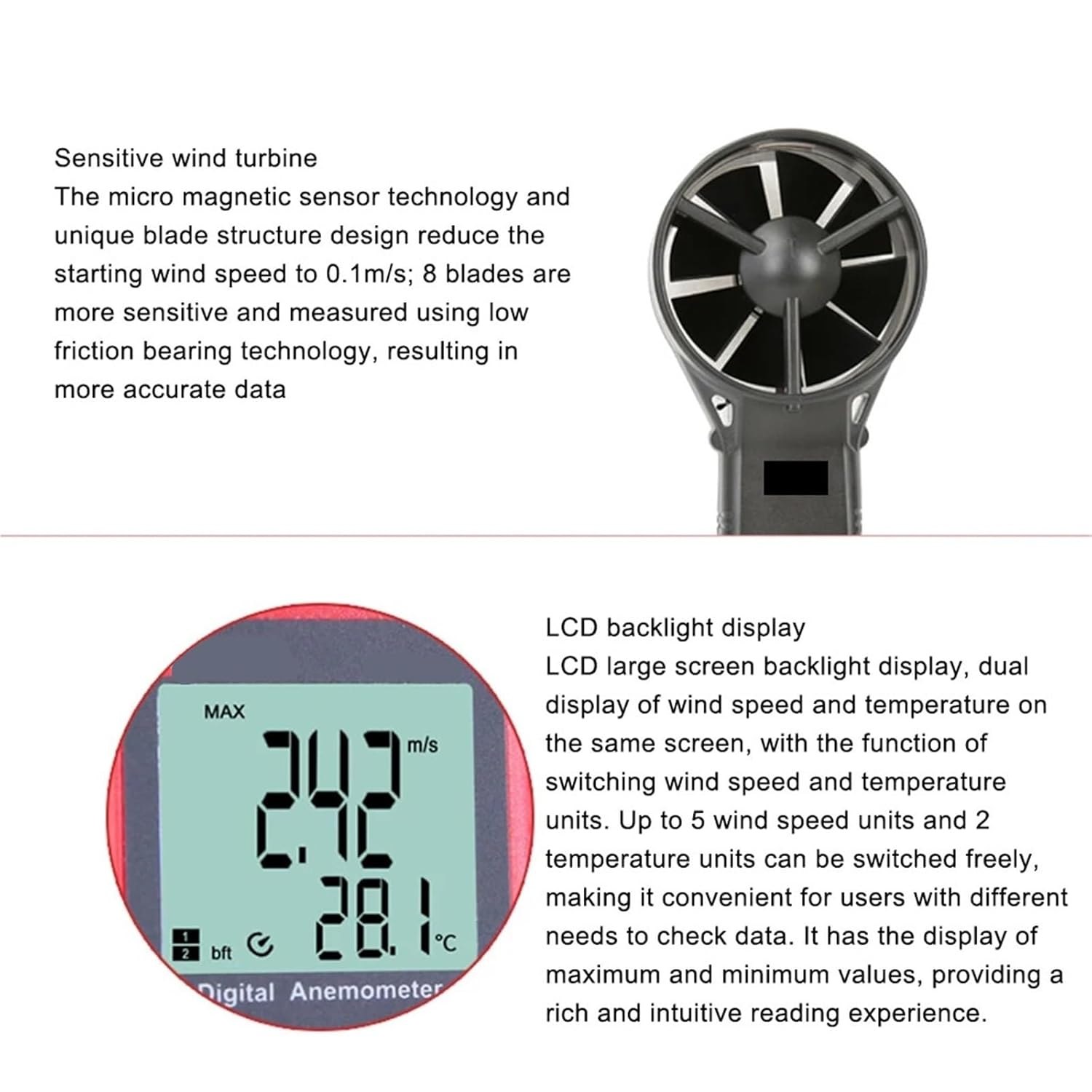 Mini Anemometer, LCD Display Air Flow Speed MAX/AVG Measurement Wind Level 1~12 Wind Speed Temperature Tester image number 4