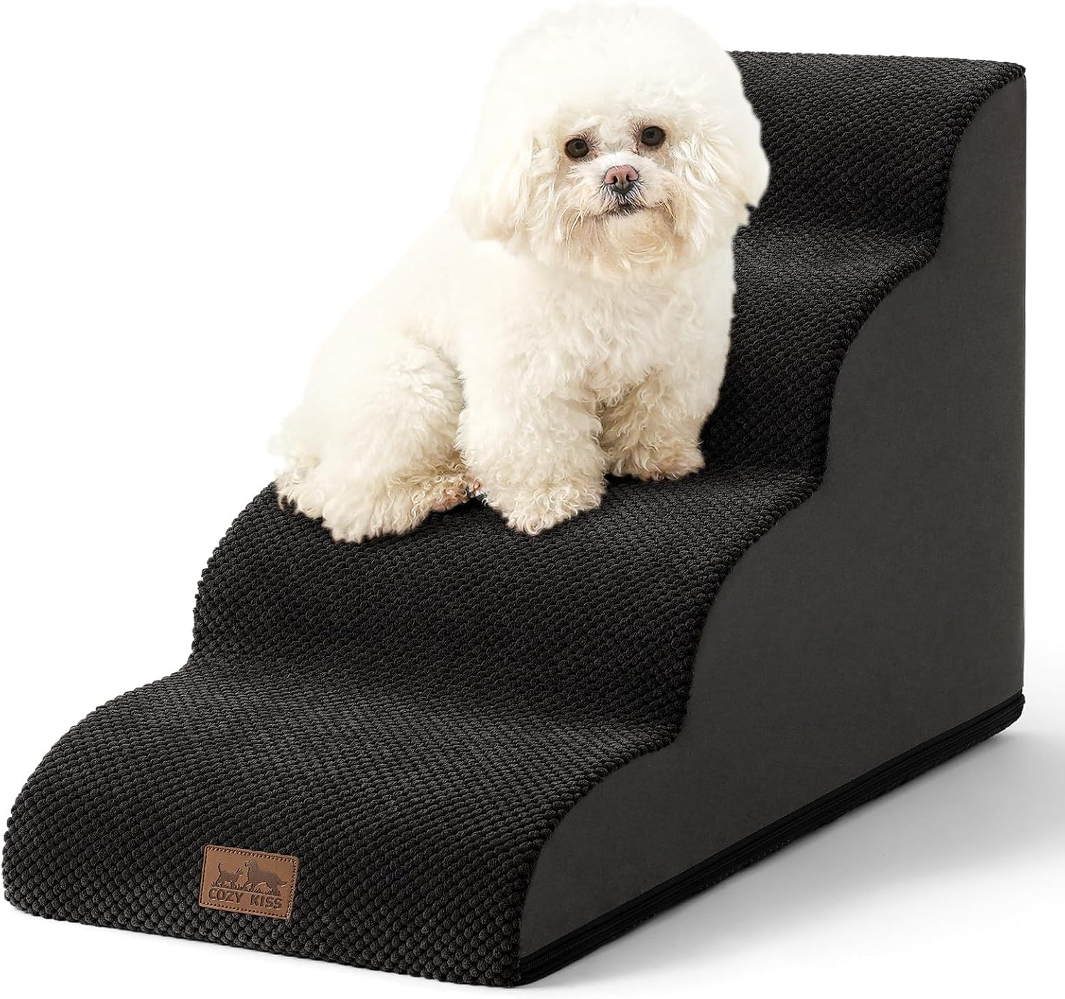 COZY KISS Dog Stairs for Small Dogs 15.7" H, Curved Dog Step for Puppy, Older Cat, Medium Pet Ramp for Sofa, Couch or Bed, Ladder with High Density Foam, 15.7X22.4X15.7 Inch, 3 Step, Pink