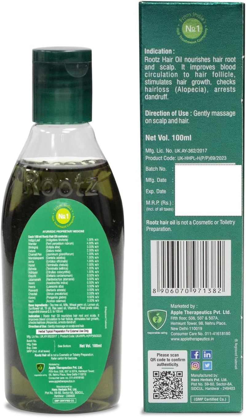 APPLE THERAPEUTICS Rootz Hair Oil (100 Ml) | Dermatologist Recommended Natural Hair Growth Oil Anti-Hair Fall & Hair Vitality | Made by Kshir Pak Vidhi for Hair Fall image number 3