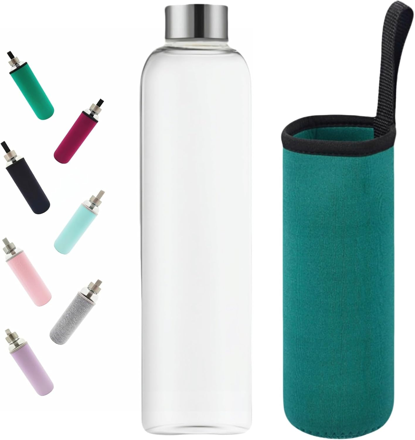 HENGFEI 550Ml Borosilicate Clear Glass Water Bottle with Stainless Steel Lid, Narrow Mouth (Black Sleeve)