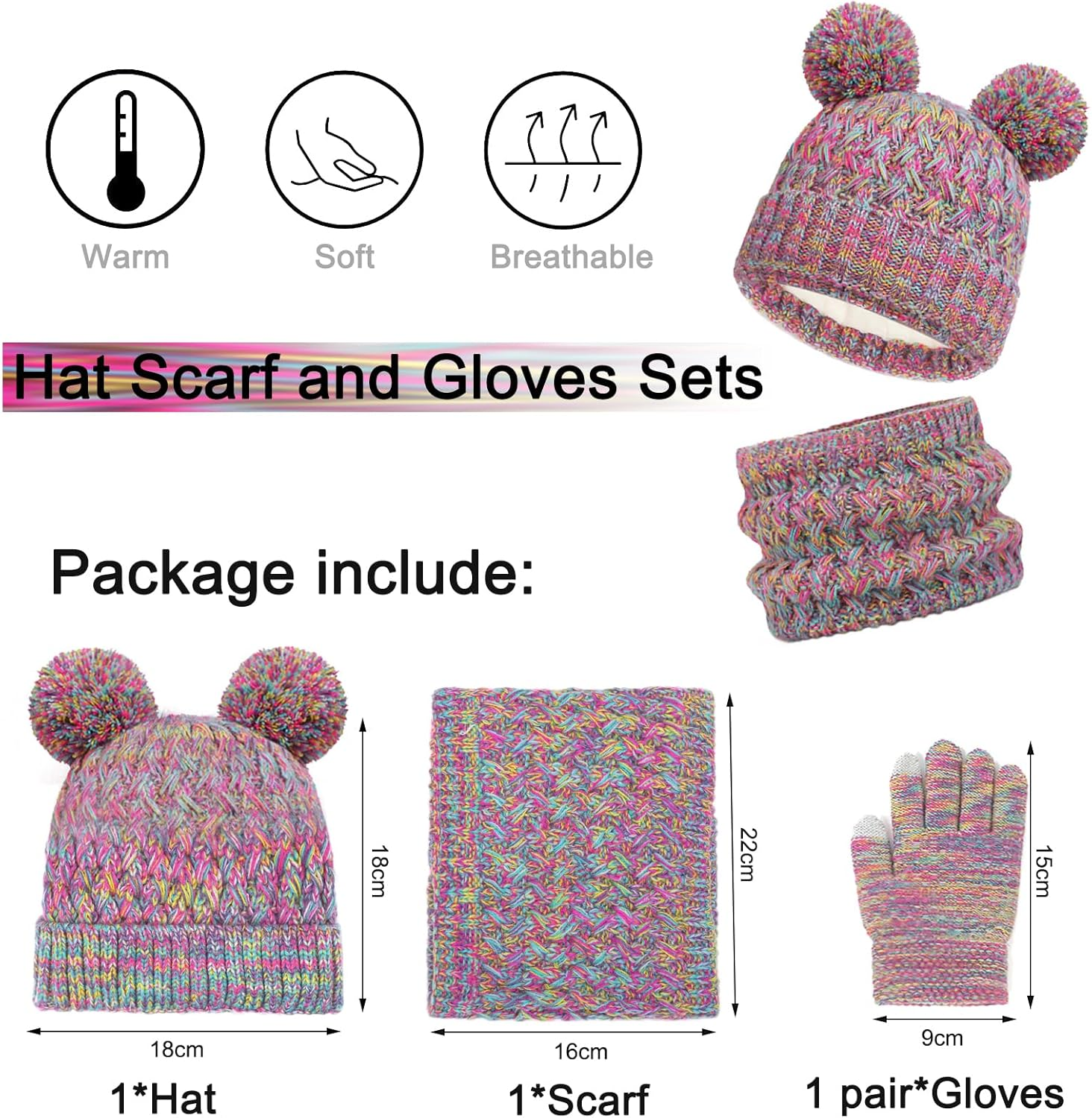 Kids Winter Beanie Hat Scarf and Touchscreen Gloves Set,Fleece Lining Beanie Hat Knit Gloves Neck Warmer for Children 2-8 image number 2