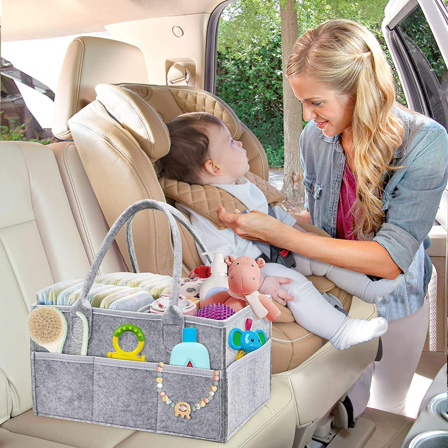 Peacafulife Baby Nappy Caddy Organiser, Multifunctional Upgrade Felt Newborn Baby Diaper Caddy Nursery Portable Storage Wipes Bag Detachable Paste Dividers Nappy image number 6