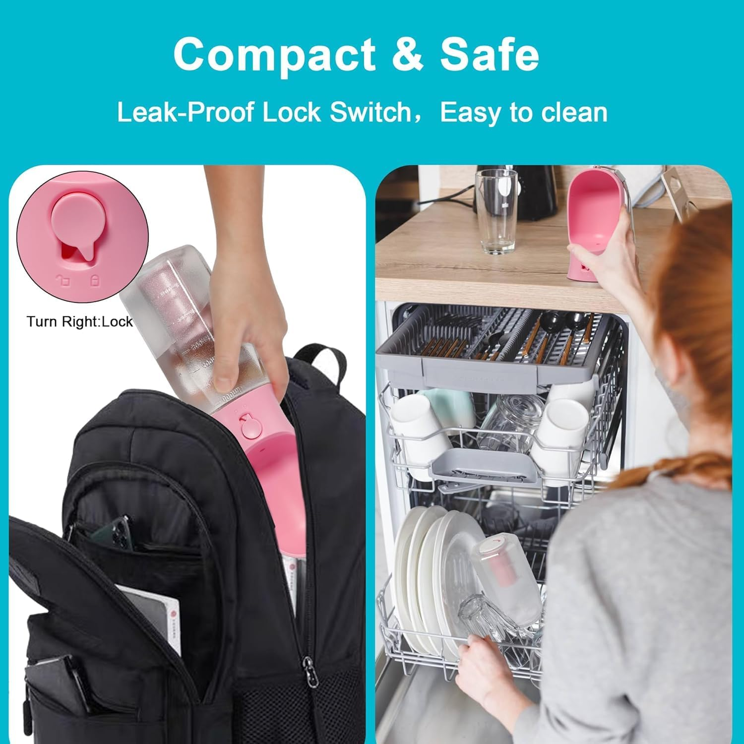 Dog Water Bottle with Food Container & Poop Bag Holder, Portable Pet Dispenser, Dog Stuff Accessories Items, Puppy Essentials Necessities for Yorkie Chihuahua Walking Hiking (Pink) image number 3