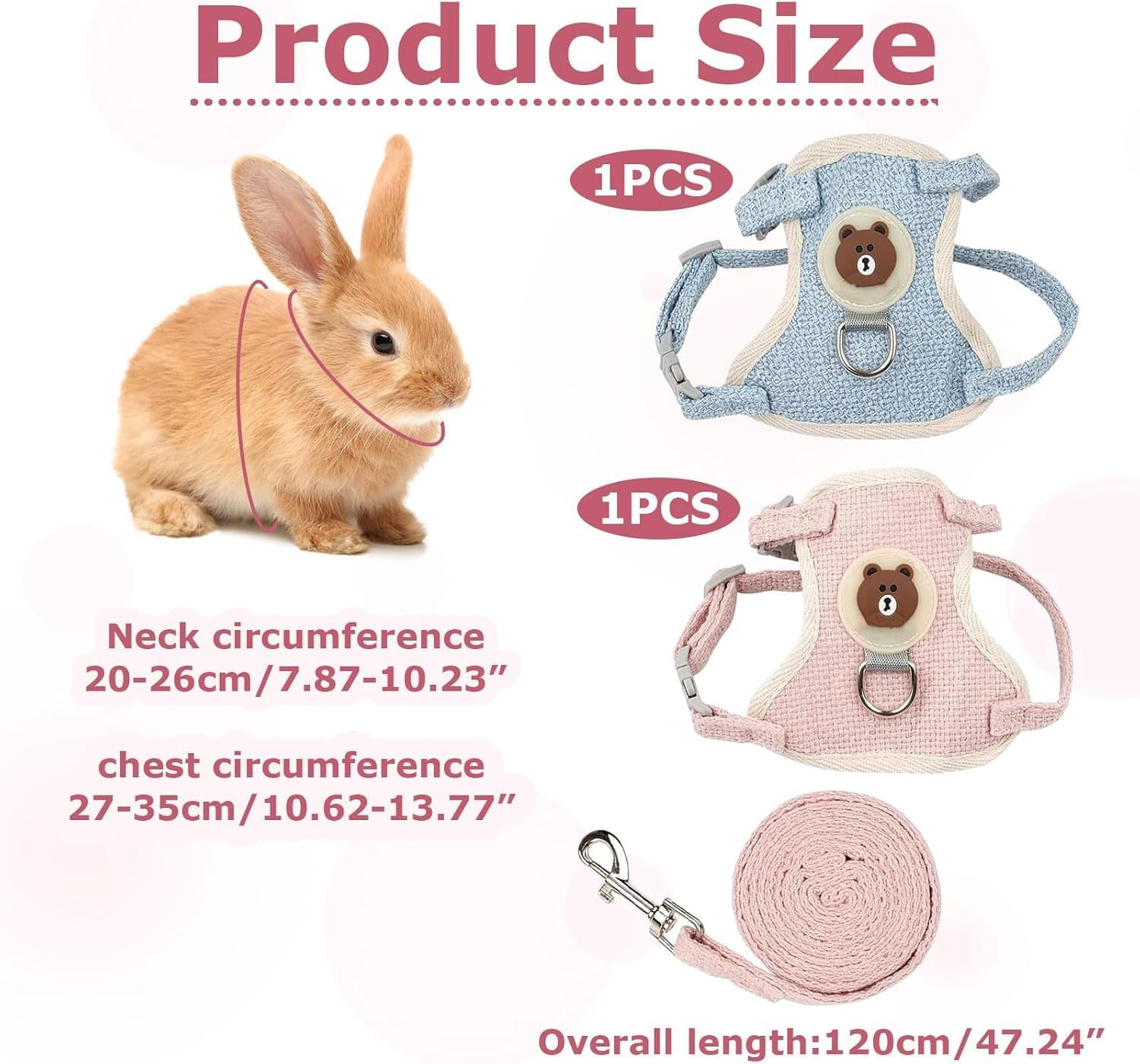 Oiieco Pack of 2 Rabbit Leads, Adjustable Soft Small Animals Harness with Lead, 120 Cm Adjustable Harness, Suitable for Small Animals 1.5 Kg - 3.0 Kg, Escape Proof