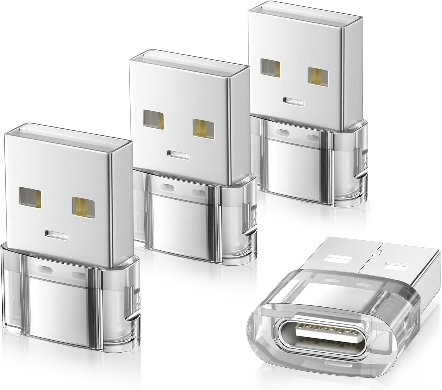 Elebase USB to USB C Adapter 4 Pack,Transparent Type-C Female to a Male Car Charger Converter for New Iphone 16 Pro Max plus 15 14 13,Apple Watch 10 9 8,Airpods,Ipad Air 5 Mini 6 7,Samsung S25 Ultra image number 4