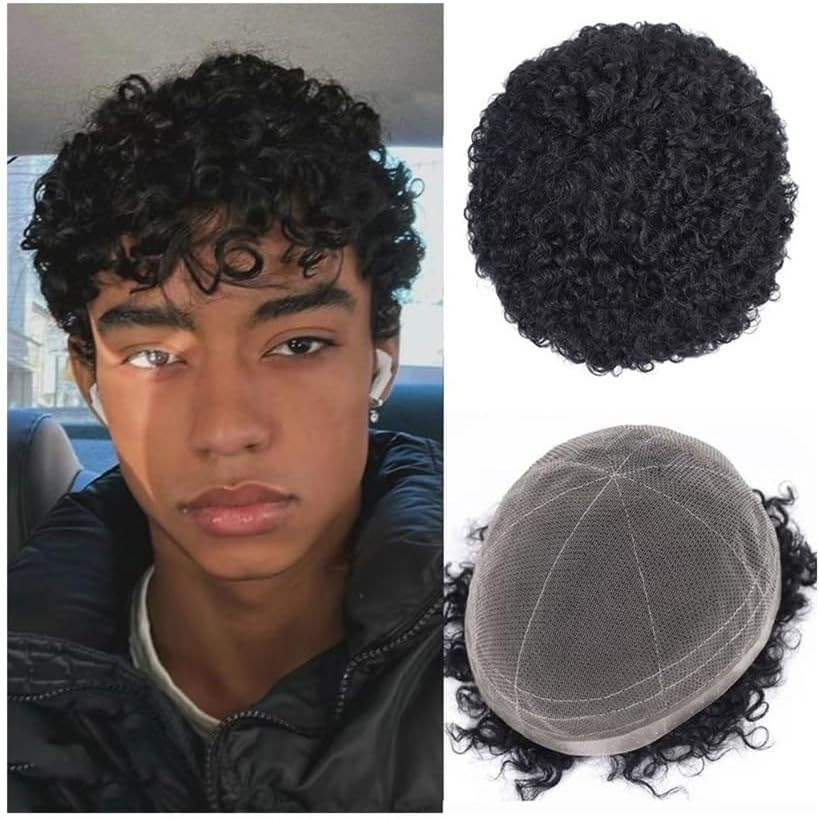 Replacement Afro Curly Mens Toupee Full French Lace Base Hair System 8"X10" Natural Hairline Mens Hair Prosthesis Systems image number 2