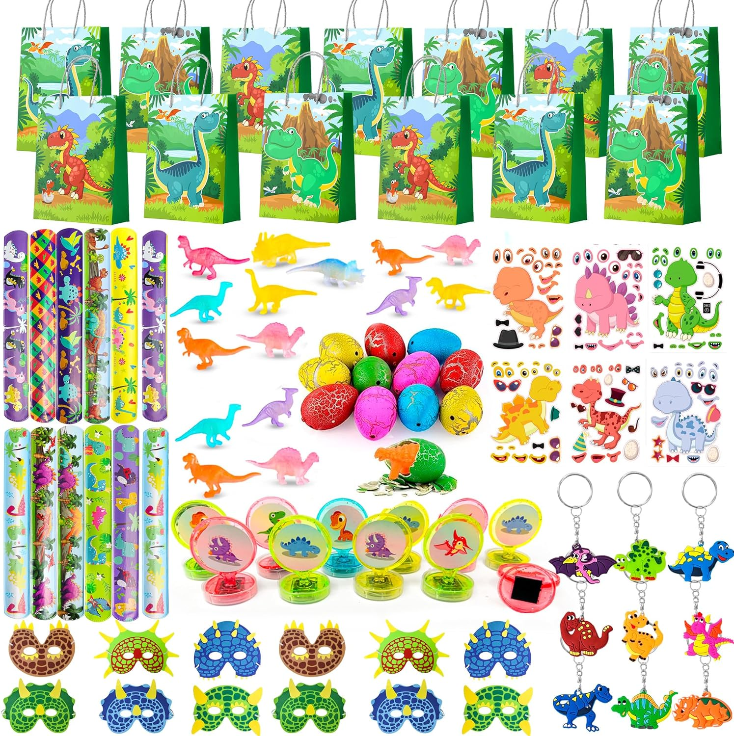 96Pcs Dinosaur Party Favors for Kids All-In-One Dinosaur Birthday Party Favors Set Dino Party Favor Bags Keychains Stampers Stickers Toys Clap Bracelets Etc Dinosaur Birthday Party Supplies image number 2