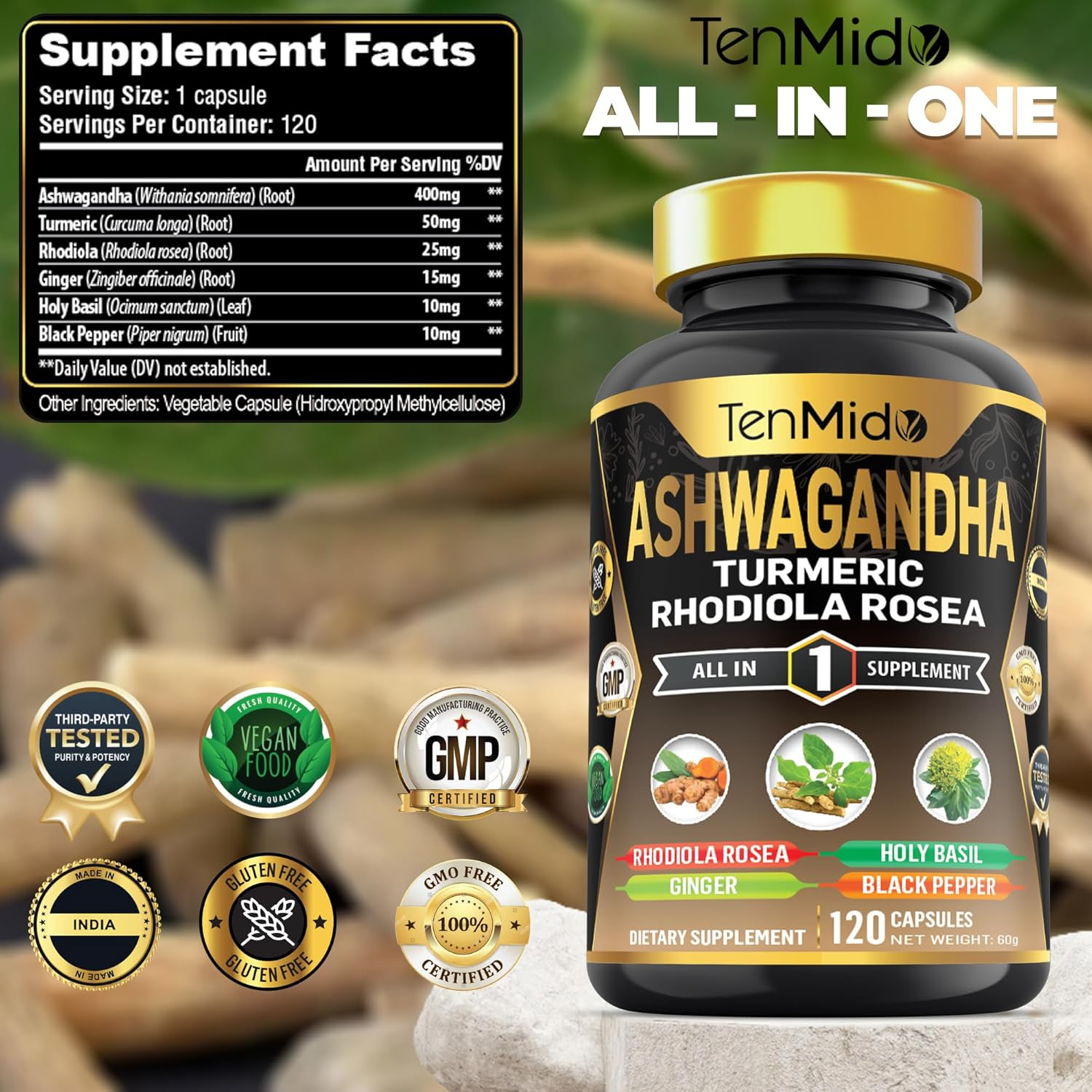 Tenmido Ashwagandha Supplements - 6In1 with Turmeric, Rhodiola, Ginger, Holy Basil & Black Pepper - 120 Vegan & Non-Gmo Capsules image number 1