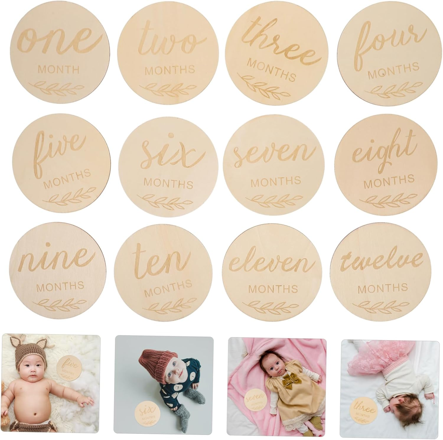 OSALADI 12Pcs Wooden Milestone Cards Unisex Decorative Milestone Discs for Adorable Monthly Photos Safe Wood Material for Newborns Shower Props image number 5