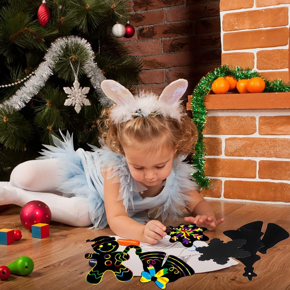 DERAYEE Pack of 48 Christmas Scratch Pictures Scratch Paper Set with Wooden Pens and Ribbons Rainbow Scratch Christmas Stockings Christmas Tree for Christmas Children Gift image number 1