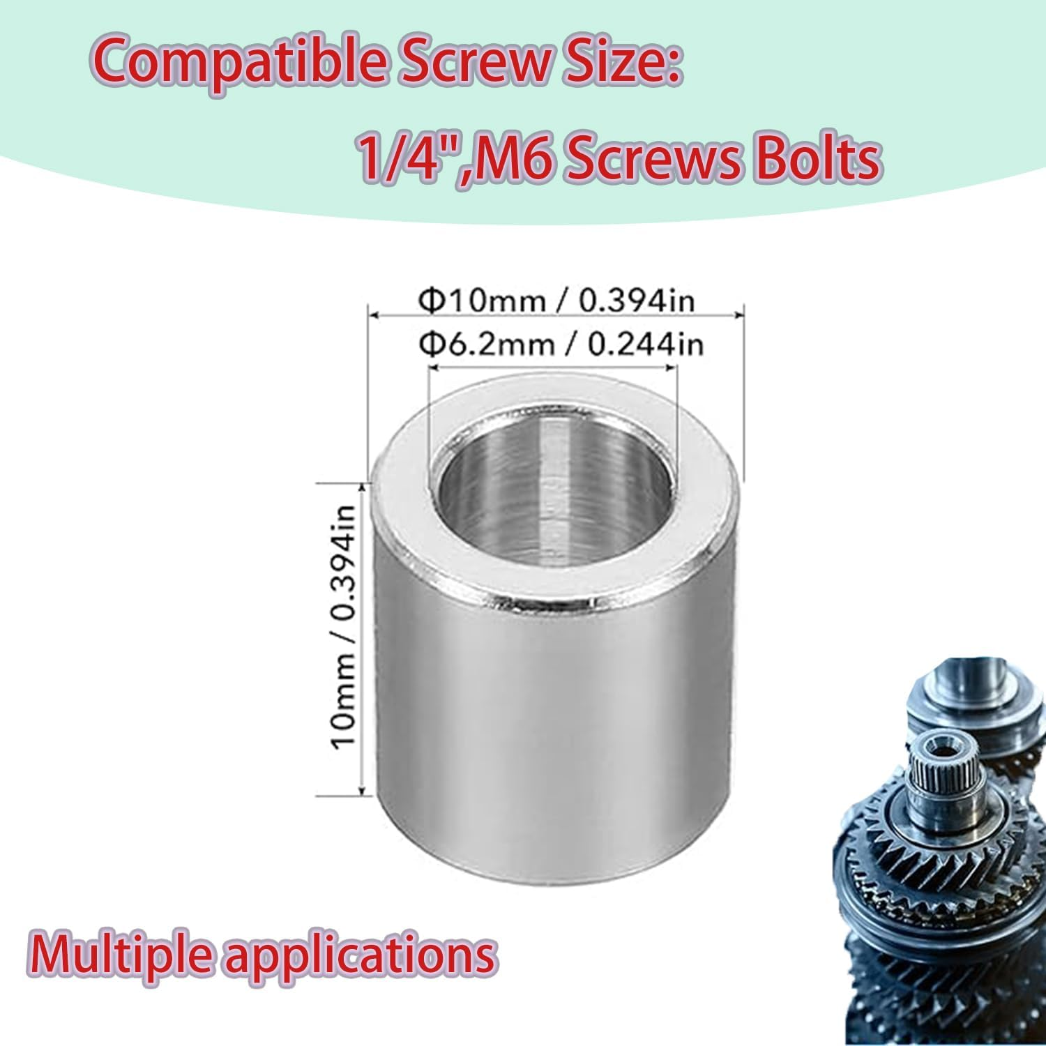 Roczential 10-Pack M6 Stainless Steel Spacers, Metal Spacer 6.1Mm ID X 10Mm OD X 10Mm L Spacer Screw Standoff round for 1/4" or M6 Screw Bolts image number 1