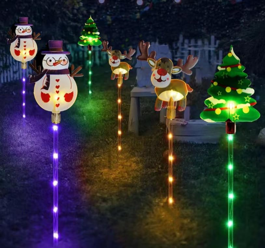 YZYOE 6 Pack LED Outdoor Solar Floor Inserted Christmas Decorative Lights, Waterproof Solar Courtyard Christmas Tree Snowman Reindeer Light, with 8 Colours Light Modes image number 1