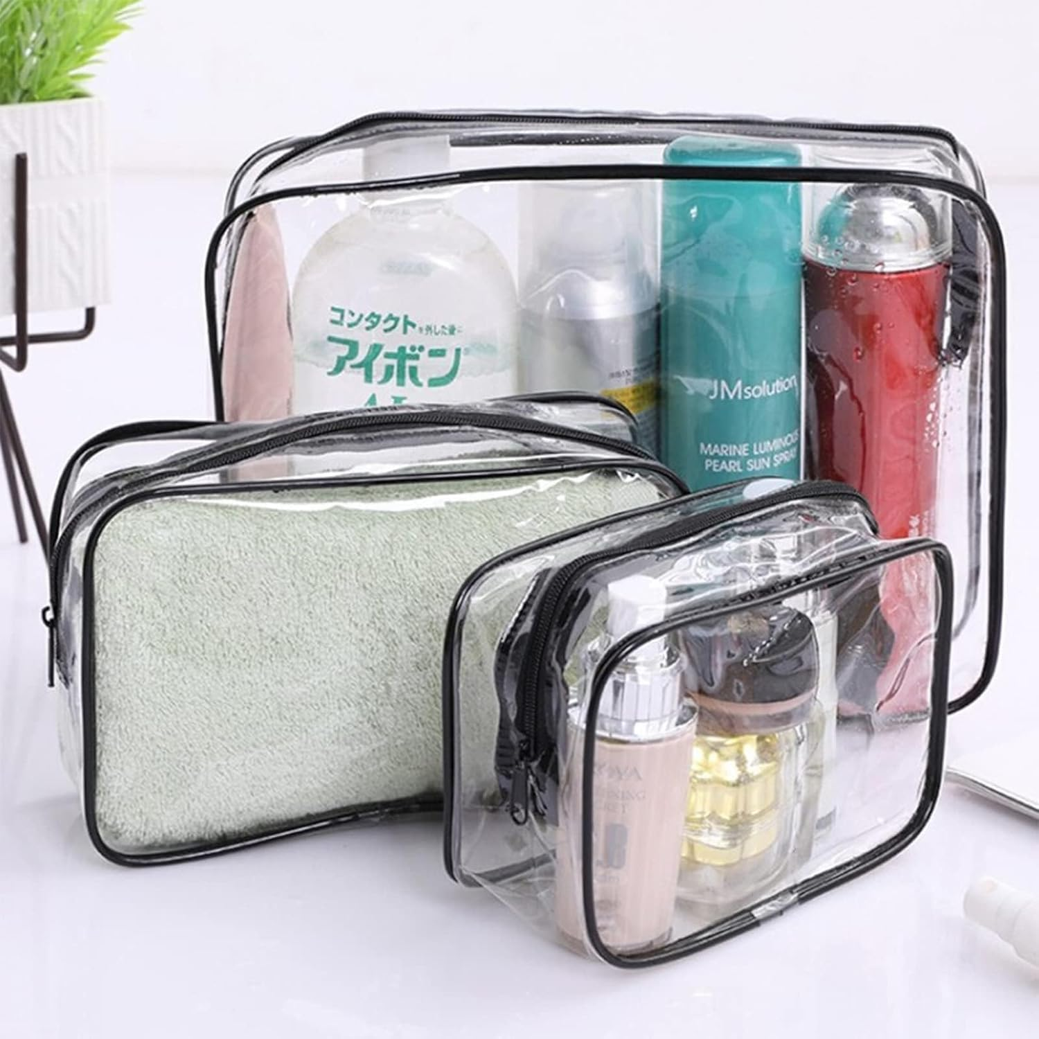 Waterproof Quart Size Travel Makeup Cosmetic Bag, 3Pcs PVC Zippered Toiletry Carry Pouch, Clear Travel Makeup Toiletry Bag, Quart-Sized Clear Cosmetic Makeup Pouch image number 1