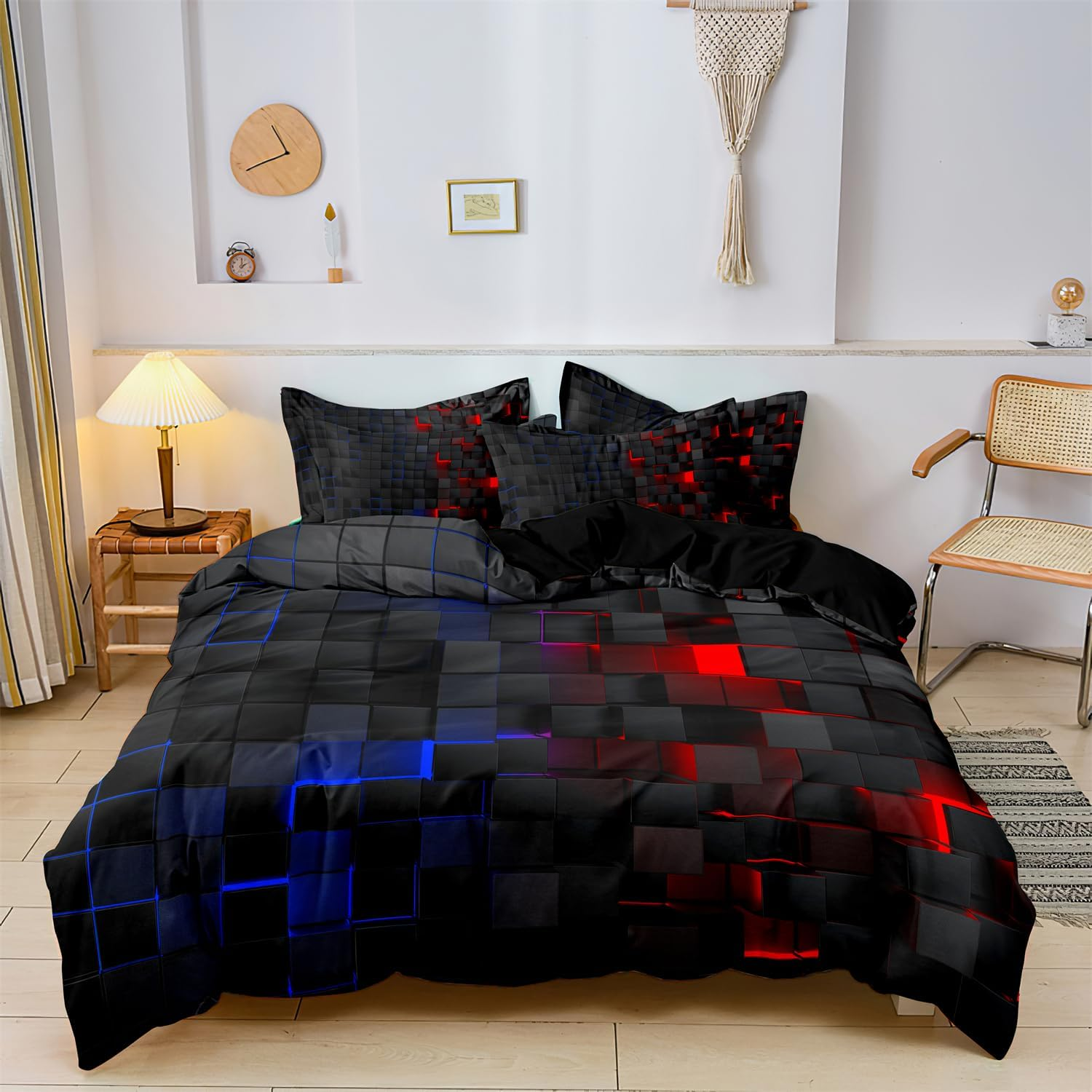 Checkered Duvet Cover Set Twin Size, Red and Blue Grid Printed Quilt Personalized Geometric Square Grid Bedding Set Modern Abstract Check Quilt Cover for All Season (1 Duvet Cover + 2 Pillowcase)