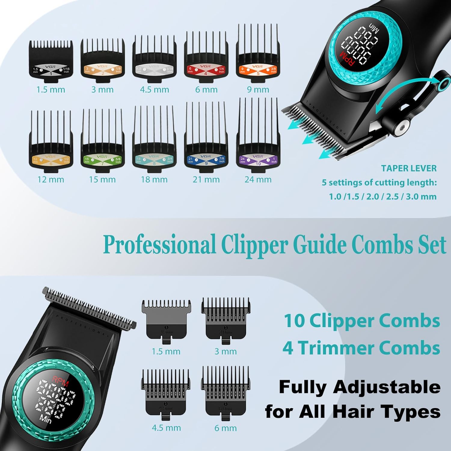 VGR 001 & 977 Professional Hair Clippers for Men, Cordless Barber Clippers and Zero Gap Trimmers Set, DLC Coating Blade Hair Cutting Kit with LED Display, USB Rechargeable Barber Set(Black) image number 2