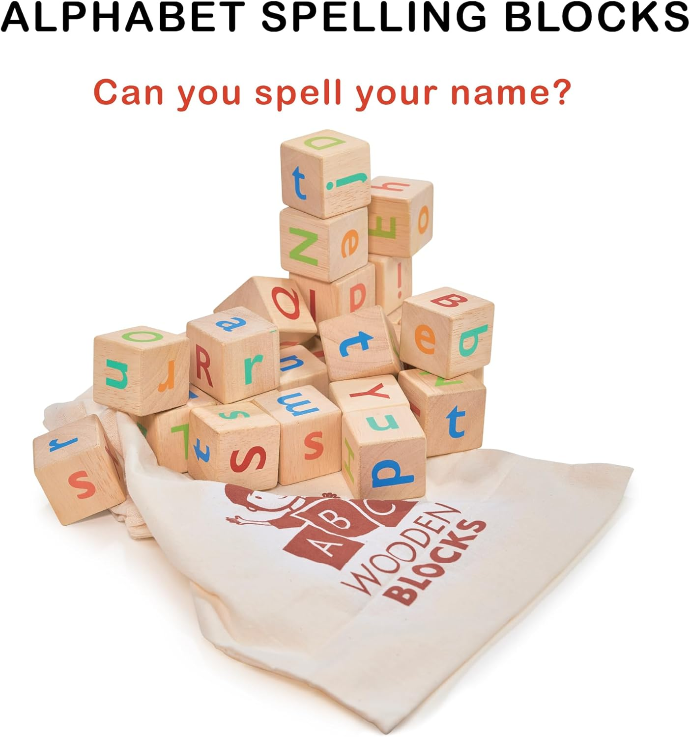 Mentari Toys - Alphabet Spelling Blocks - Wooden Block Letters Come with Drawstring Bag for Easy Storage - Age 3+ Year Old image number 2