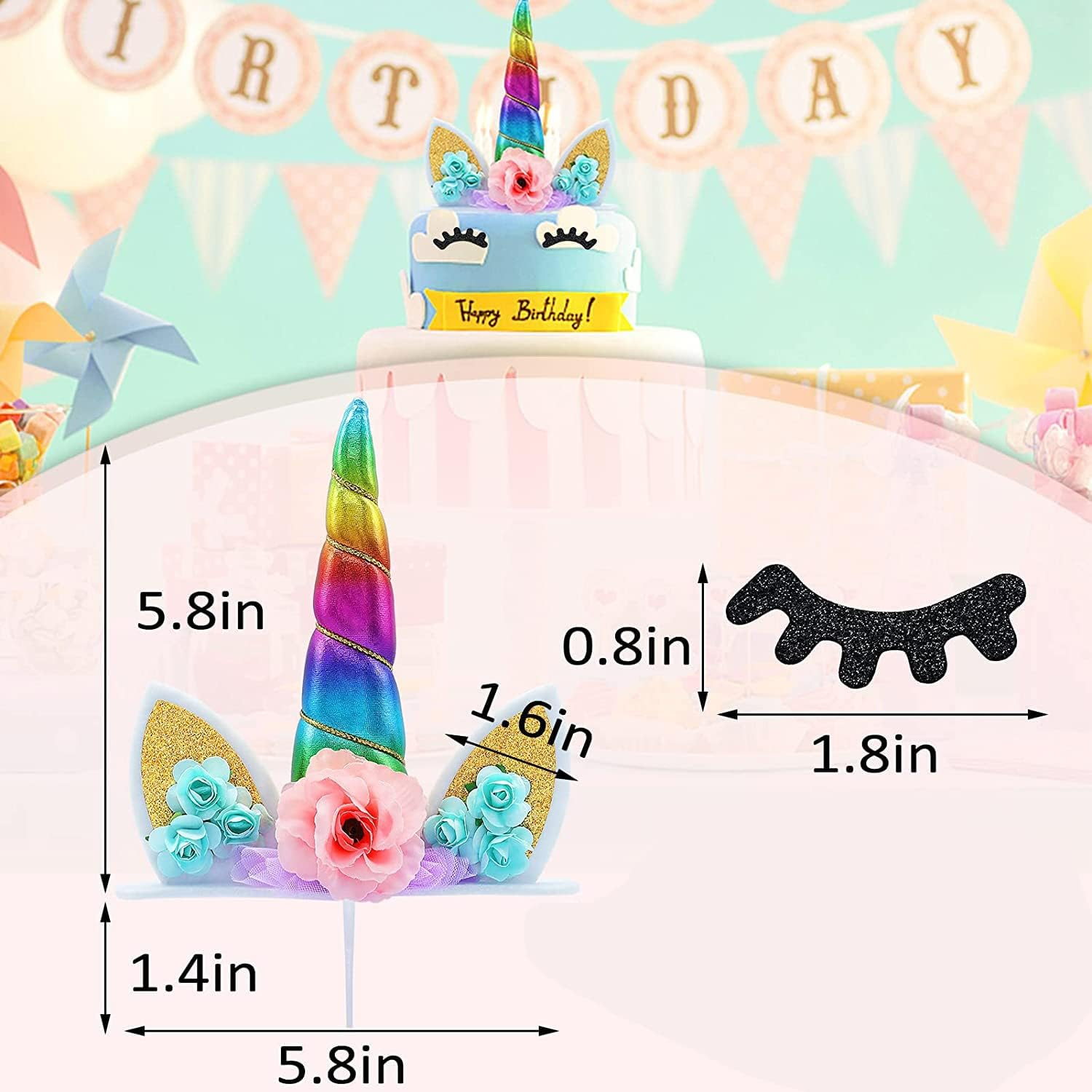 Unicorn Cake Topper Handmade Rainbow Horn Unicorn Cake Topper Unicorn Happy Birthday Party Decoration Supplies Magic Reusable Cake Topper with Eyelashes and Stack for Girls Kid Women, 5.8 Inch