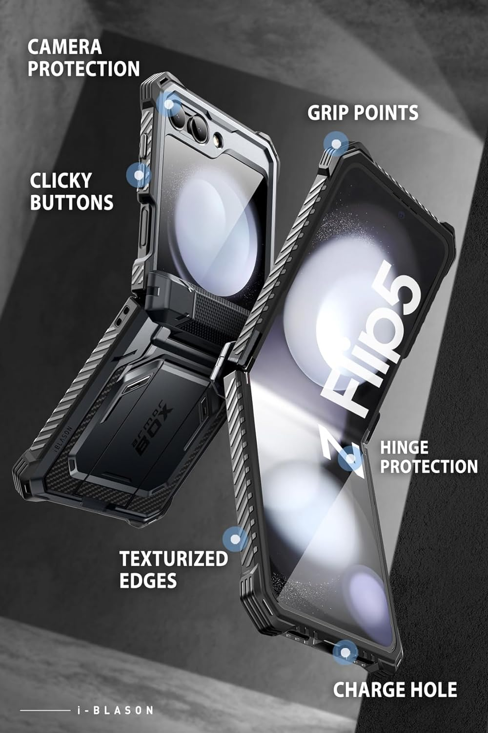I-Blason Armorbox Series for Samsung Galaxy Z Flip 5 Case (2023) with Built-In Screen Protector & Kickstand & Belt Clip, Full-Body Rugged Case for Z Flip 5 with Hinge Protection (Black) image number 1