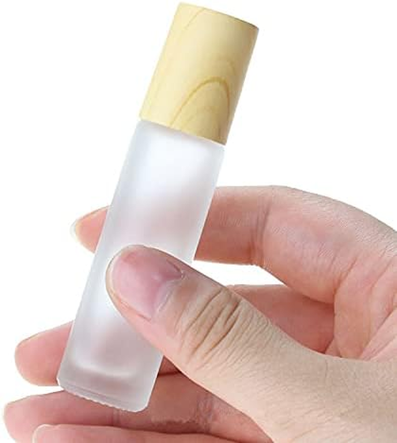 Imirootree 10Ml Essential Oil Roller Bottles High-Grade Frosted Glass Roller Bottles with Stainless Steel Roller Balls,Wood Grain Lid, for Essential Oil Cosmetic Sample ( 10 Pcs) image number 4