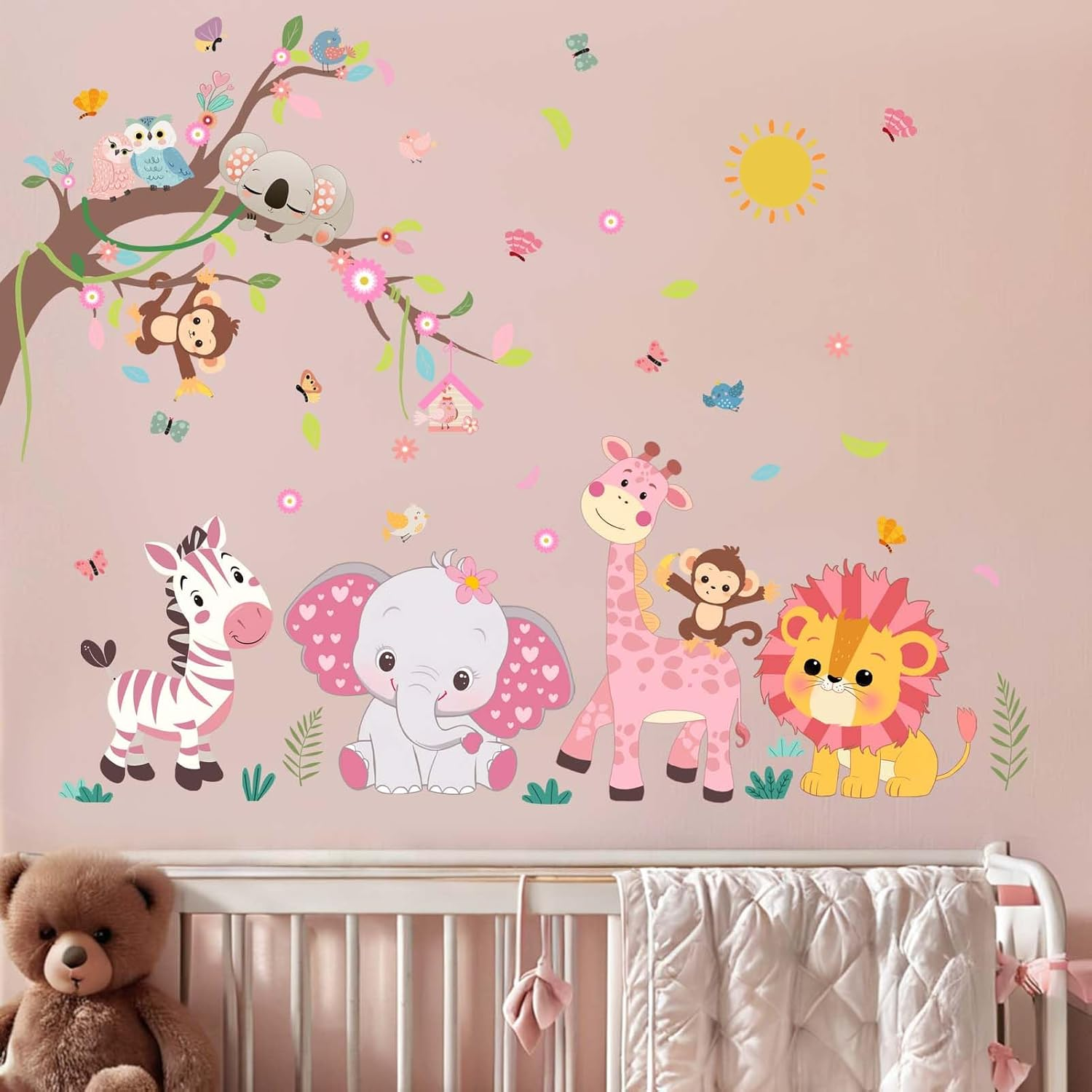 Amimagen Pink Forest Baby Animals Wall Decals - Elephant Lion Giraffe Monkey Zebra Wall Stickers - Nursery Kids Girls Boys Room Daycare Playroom Classroom Wall Decor image number 3