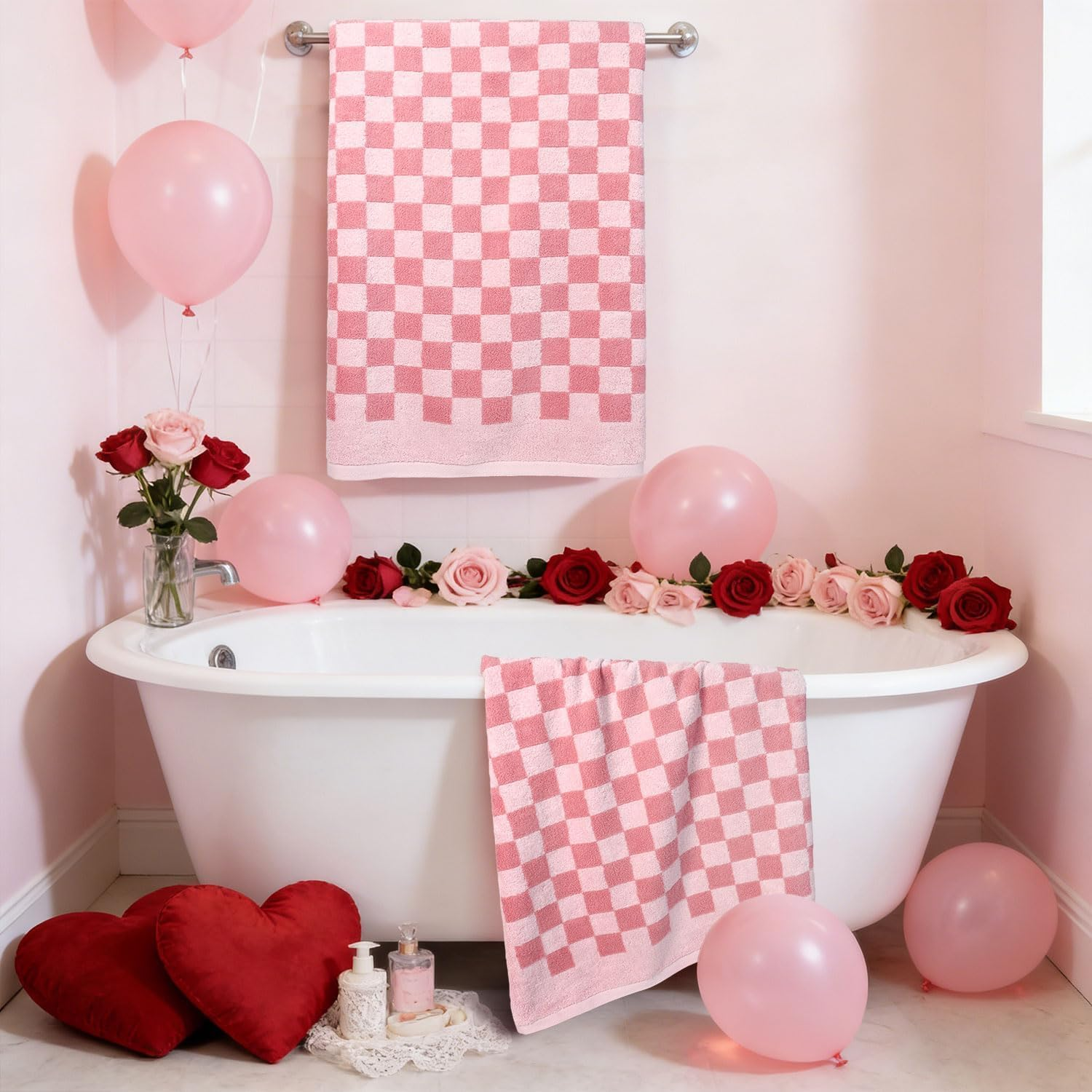 Jacquotha Soft Bath Towels for Bathroom Beach Pool (Pink Checkered), Quick Dry Cotton Shower Towels Set of 2, Cute Funny for Her Women Girls, 27.5X55 Inches image number 5