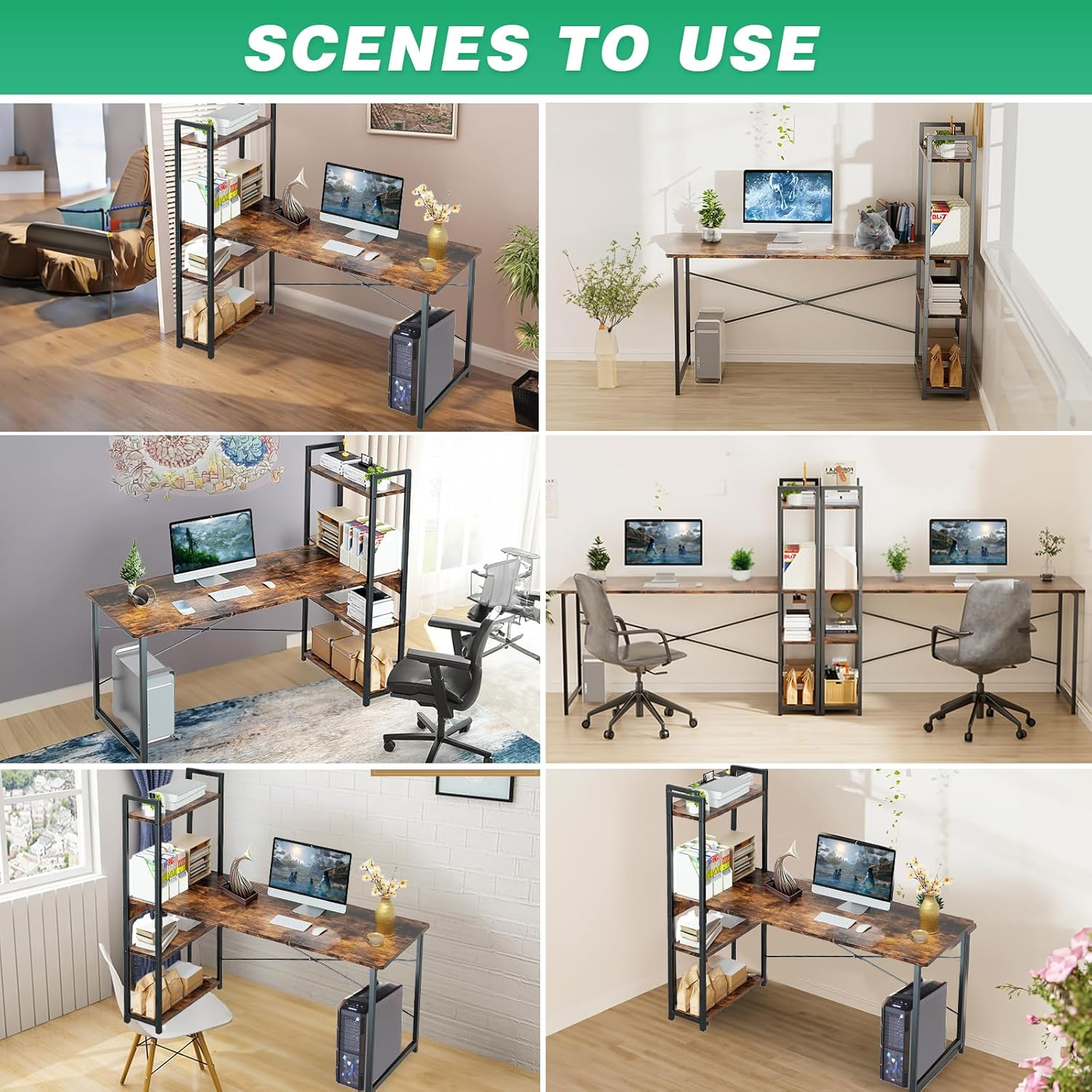 Computer Desk, Gaming Desk with Reversible Storage Shelves, Modern Metal Gaming Desk, PC Desk Workstation for Home Office, Rustic Brown image number 6