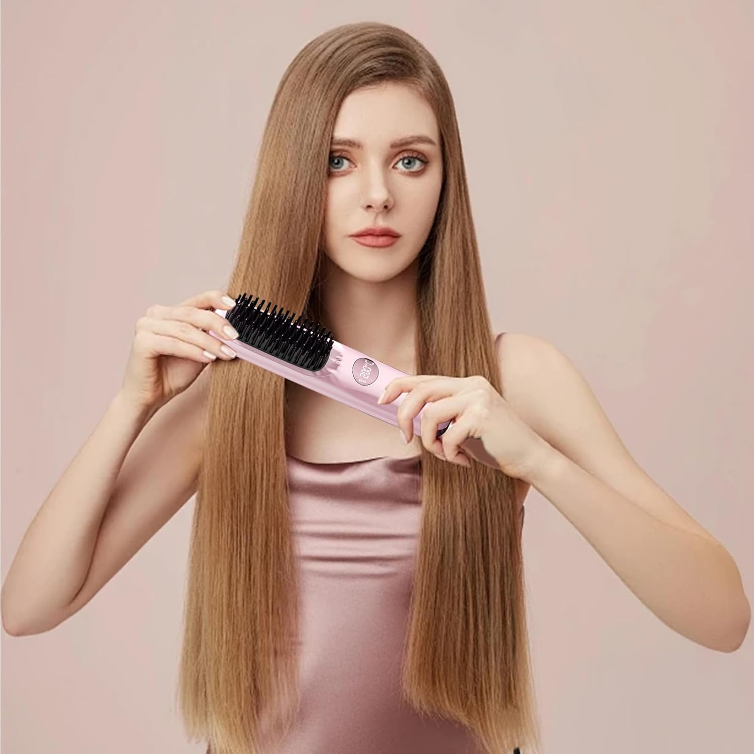 Hair Straightener Brush | Portable USB Charging Smoothing Straightener, Straightening for Women, Girls, Daytime, Traveling - Pink image number 2